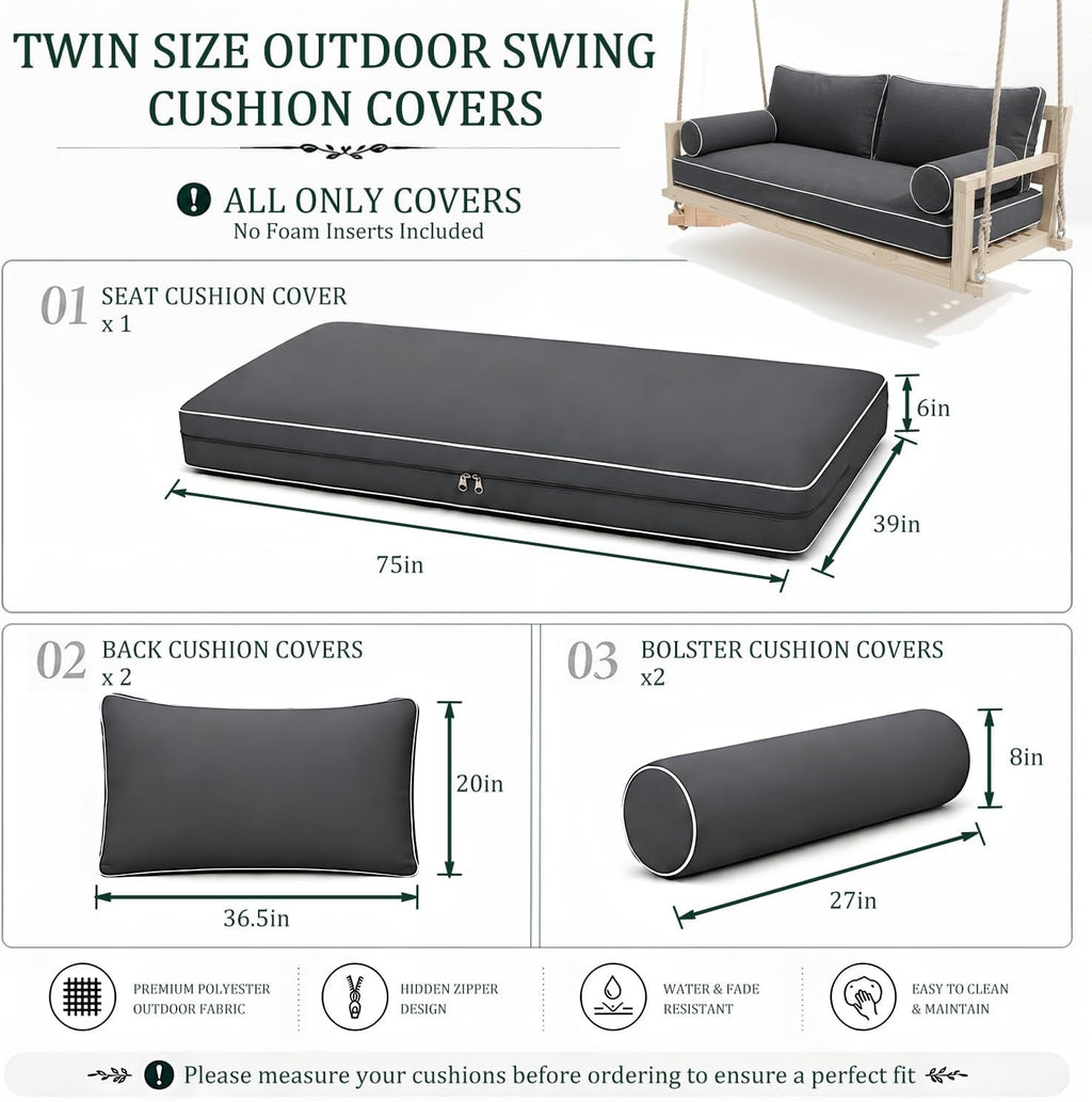Twin Size Outdoor Daybed Swing Cushion Cover,Patio Porch Twin Mattress Bolster Pillow Fitted Sheet Cover Waterproof for Outdoor Hanging Porch Swing Bed (6, Dark Gray-White Piping)