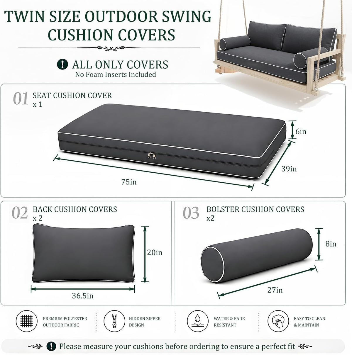 Twin Size Outdoor Daybed Swing Cushion Cover,Patio Porch Twin Mattress Bolster Pillow Fitted Sheet Cover Waterproof for Outdoor Hanging Porch Swing Bed (6, Dark Gray-White Piping)