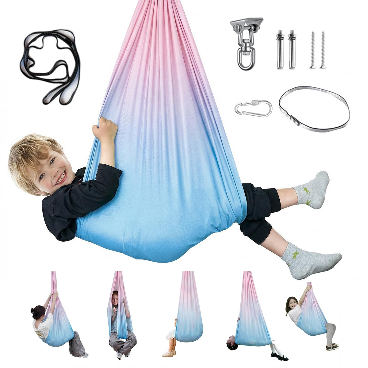 Aokitec Sensory Swing for Kids with Special Needs, Indoor Kids Swing Cuddle Hammock Chair Adjustable Aerial Swing for Children with Autism, ADHD, Asperger, Sensory Integration(Blue)