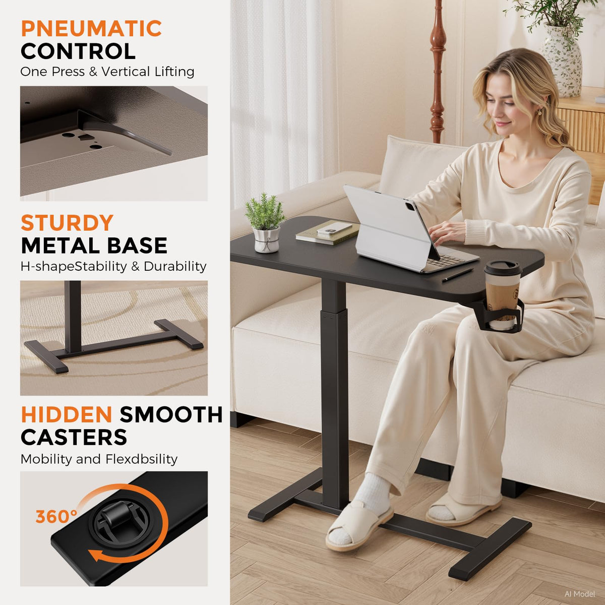 GTPLAYER Small Standing Desk with Wheels, Pneumatic Mobile Rolling Laptop Desk, Adjustable Height Overbed Bedside Table Computer Workstation for Home Office (28" W x 16" D, White)