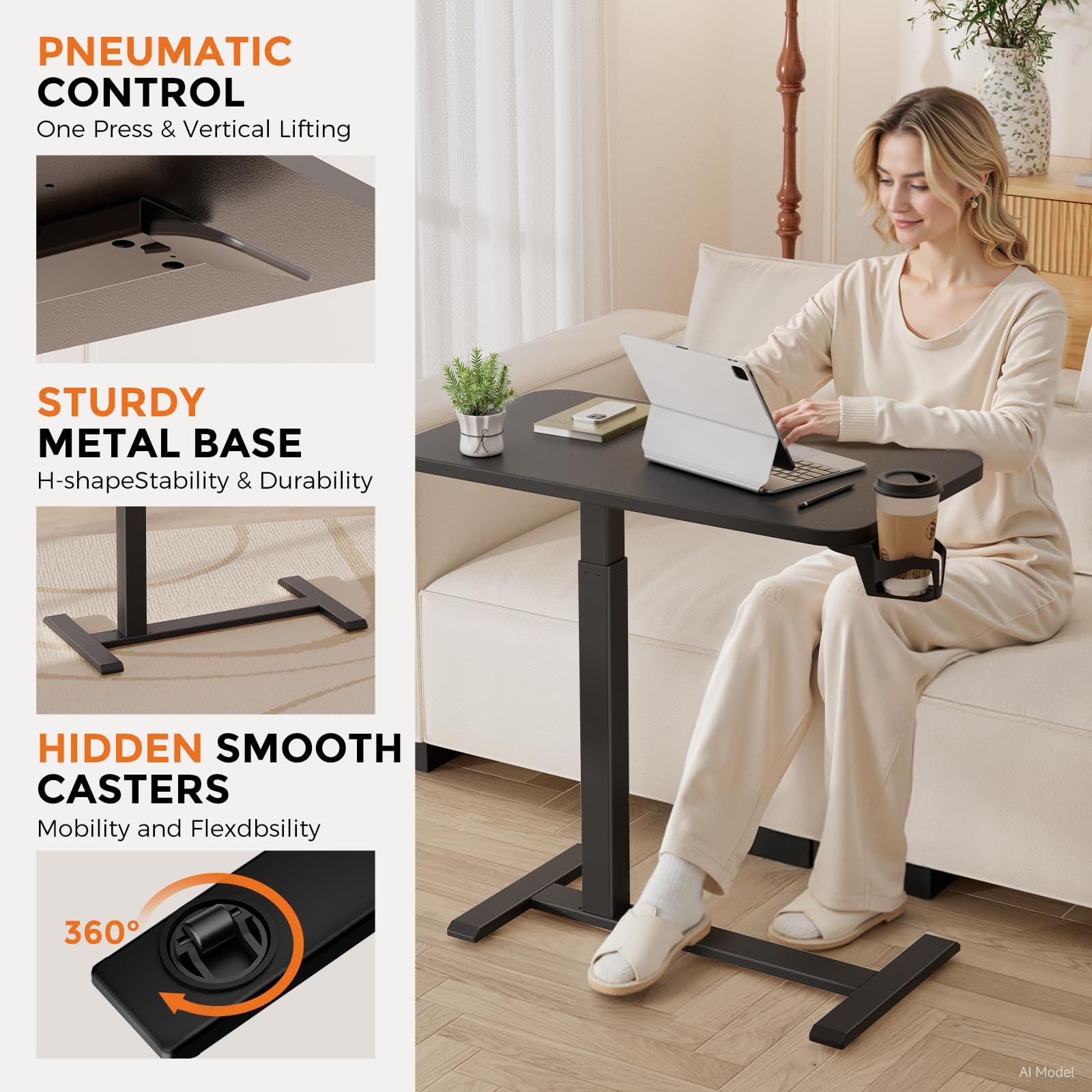 GTPLAYER Small Standing Desk with Wheels, Pneumatic Mobile Rolling Laptop Desk, Adjustable Height Overbed Bedside Table Computer Workstation for Home Office (28" W x 16" D, White)