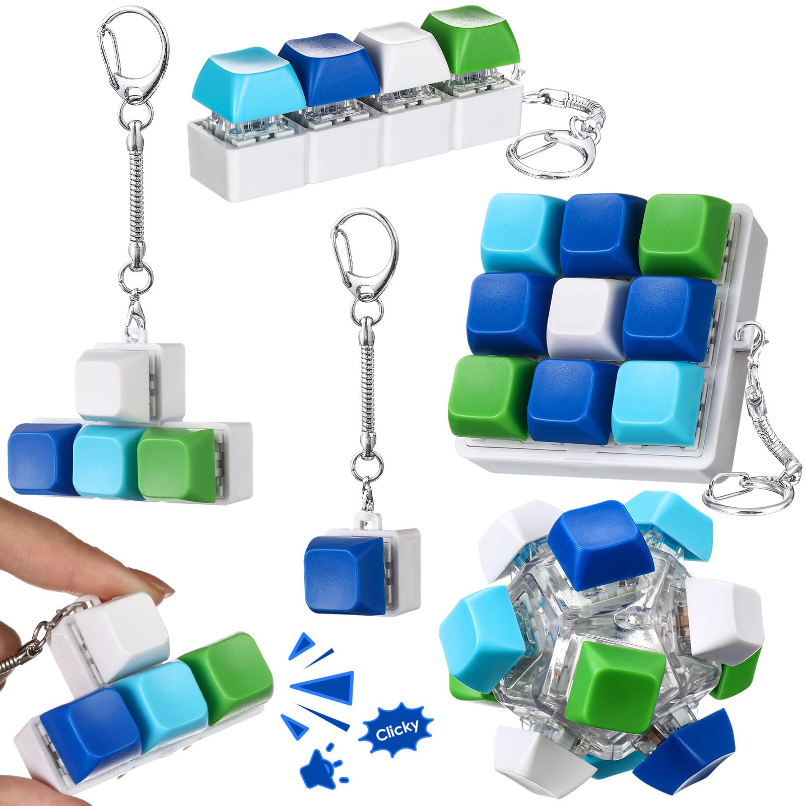 Halloscume 5 Pcs Keyboard Fidget Clicker Keychains in 5 Styles, Back to School Gift Fidget Mechanical Button Clicker Stress Relief Gift for First Day of School Office Home(Blue Purple)