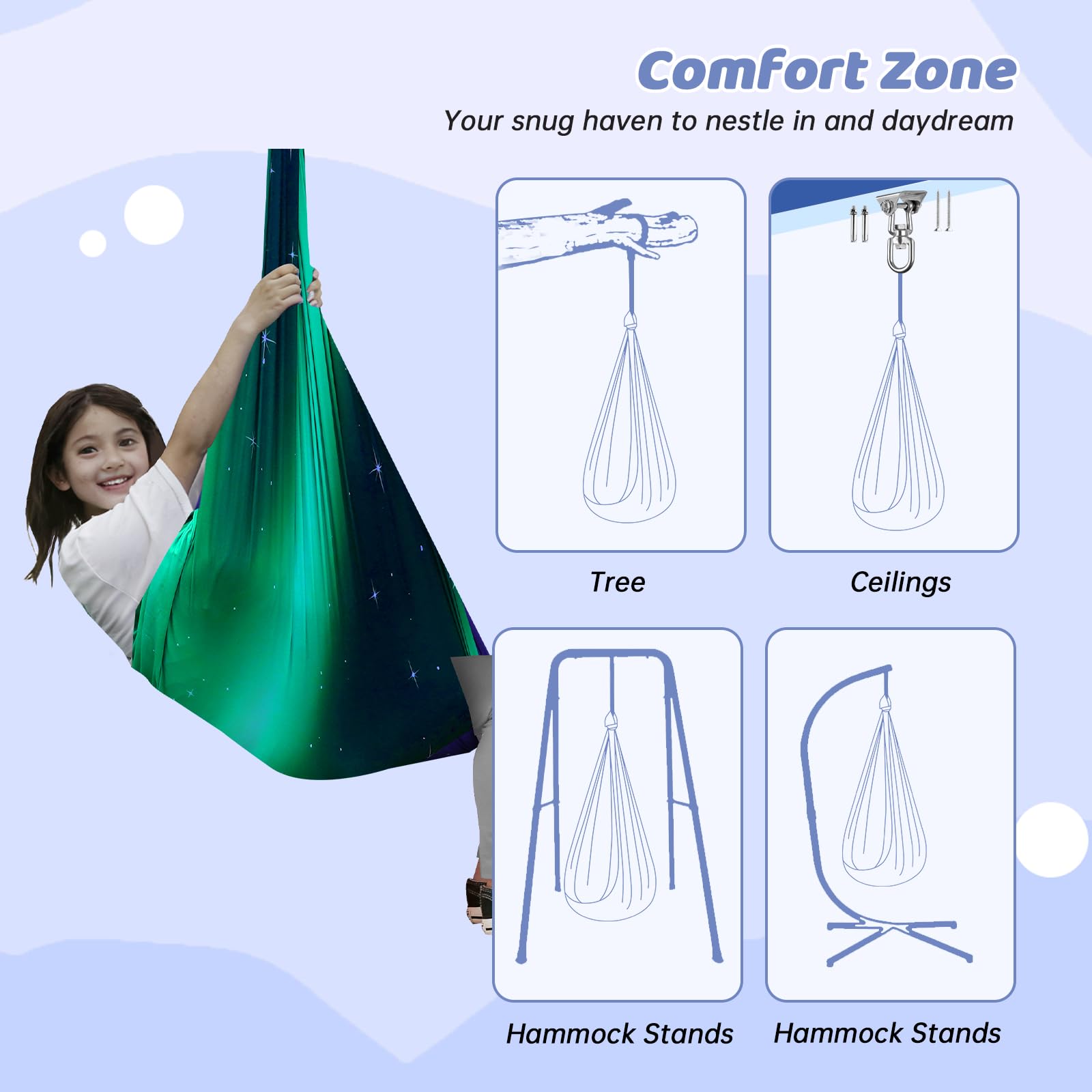 Aokitec Sensory Swing for Kids with Special Needs, Indoor Kids Swing Cuddle Hammock Chair Adjustable Aerial Swing for Children with Autism, ADHD, Asperger, Sensory Integration(Blue)