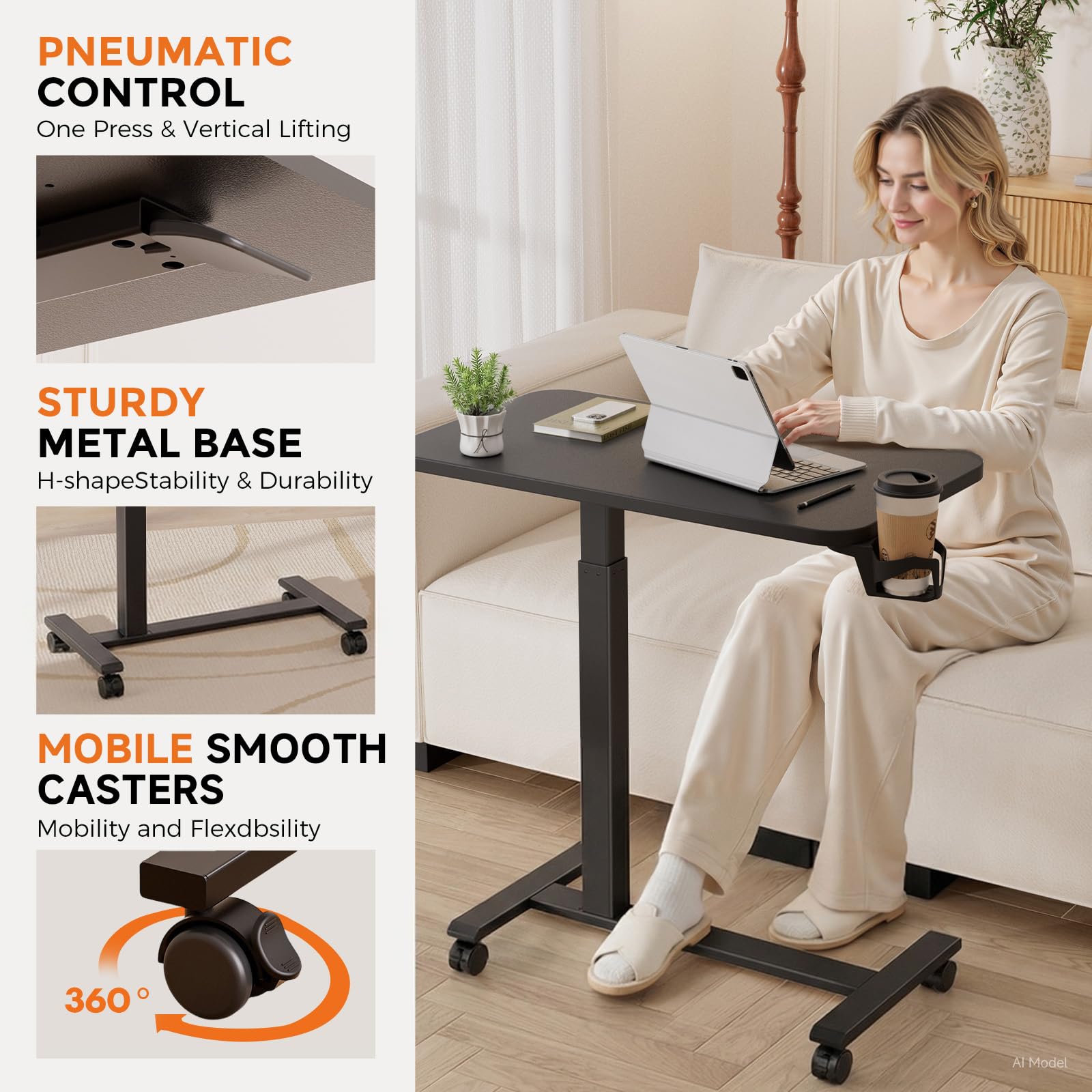 GTPLAYER Small Standing Desk with Wheels, Pneumatic Mobile Rolling Laptop Desk, Adjustable Height Overbed Bedside Table Computer Workstation for Home Office (28" W x 16" D, White)