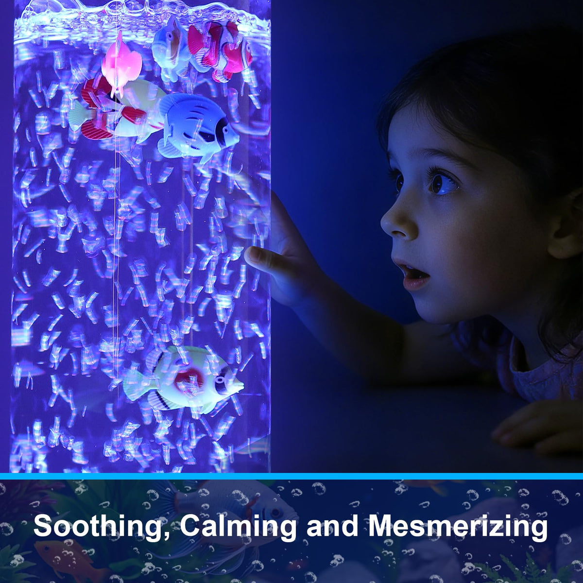 4FT Sensory Bubble Lamp, 9 Floating Fish, 16 Color LED | Remote control, 120mm extra-wide tube, 3-speed bubbles; for bedroom, living room, office and sensory room