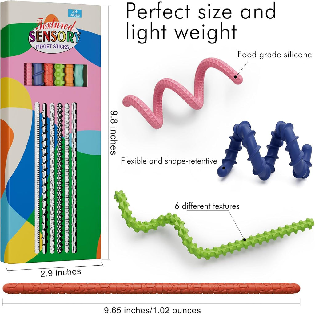Sensory Fidget Toys for Kids Adults,6PCS Flexible Fidget Sticks for Stress Anxiety Autistic ADHD, Calm Down Travel Airplane Classroom Students Prizes Toys, Stocking Stuffers for Teens Boys Girls