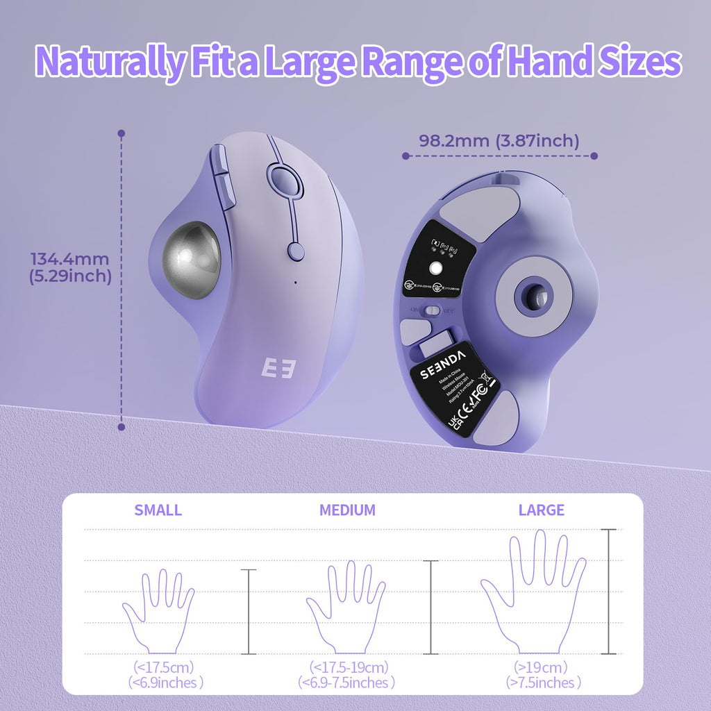 seenda Wireless Trackball Mouse, Ergonomic Bluetooth Rollerball Mouse Rechargeable, 3 Device Connection Optical Mice Adjustable DPI Thumb Control Mice Compatible for PC/Laptop/Windows/Mac - Pink