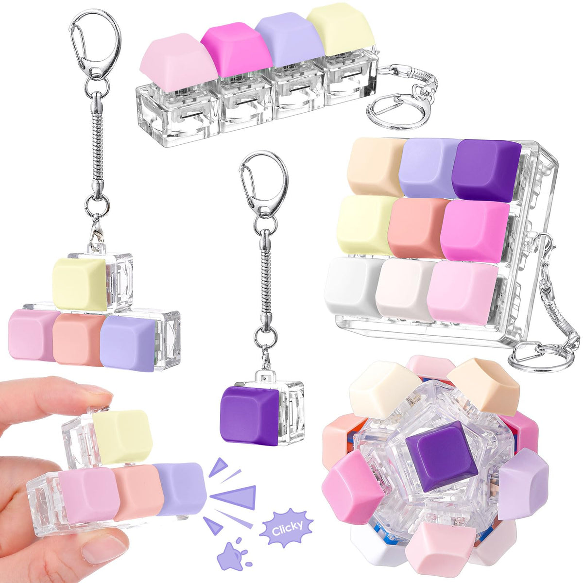Halloscume 5 Pcs Keyboard Fidget Clicker Keychains in 5 Styles, Back to School Gift Fidget Mechanical Button Clicker Stress Relief Gift for First Day of School Office Home(Blue Purple)