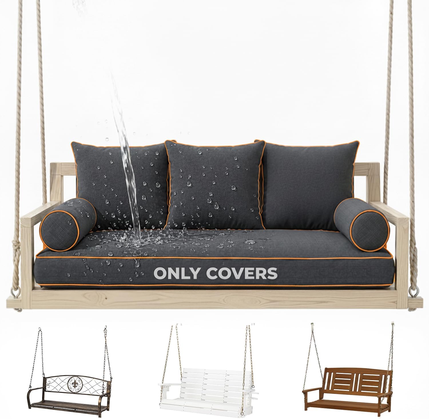 Twin Size Outdoor Daybed Swing Cushion Cover,Patio Porch Twin Mattress Bolster Pillow Fitted Sheet Cover Waterproof for Outdoor Hanging Porch Swing Bed (6, Dark Gray-White Piping)