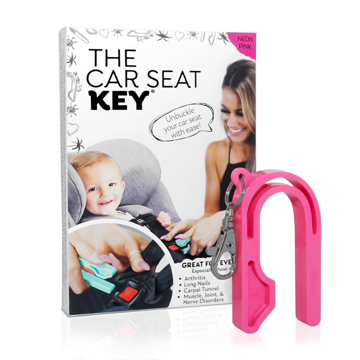 The Car Seat Key - Original Car Seat Key Chain Buckle Release Tool - Easy Unbuckle Opener Aid for Nails, Parents, Grandparents & Older Children by NAMRA Made in USA (Black)
