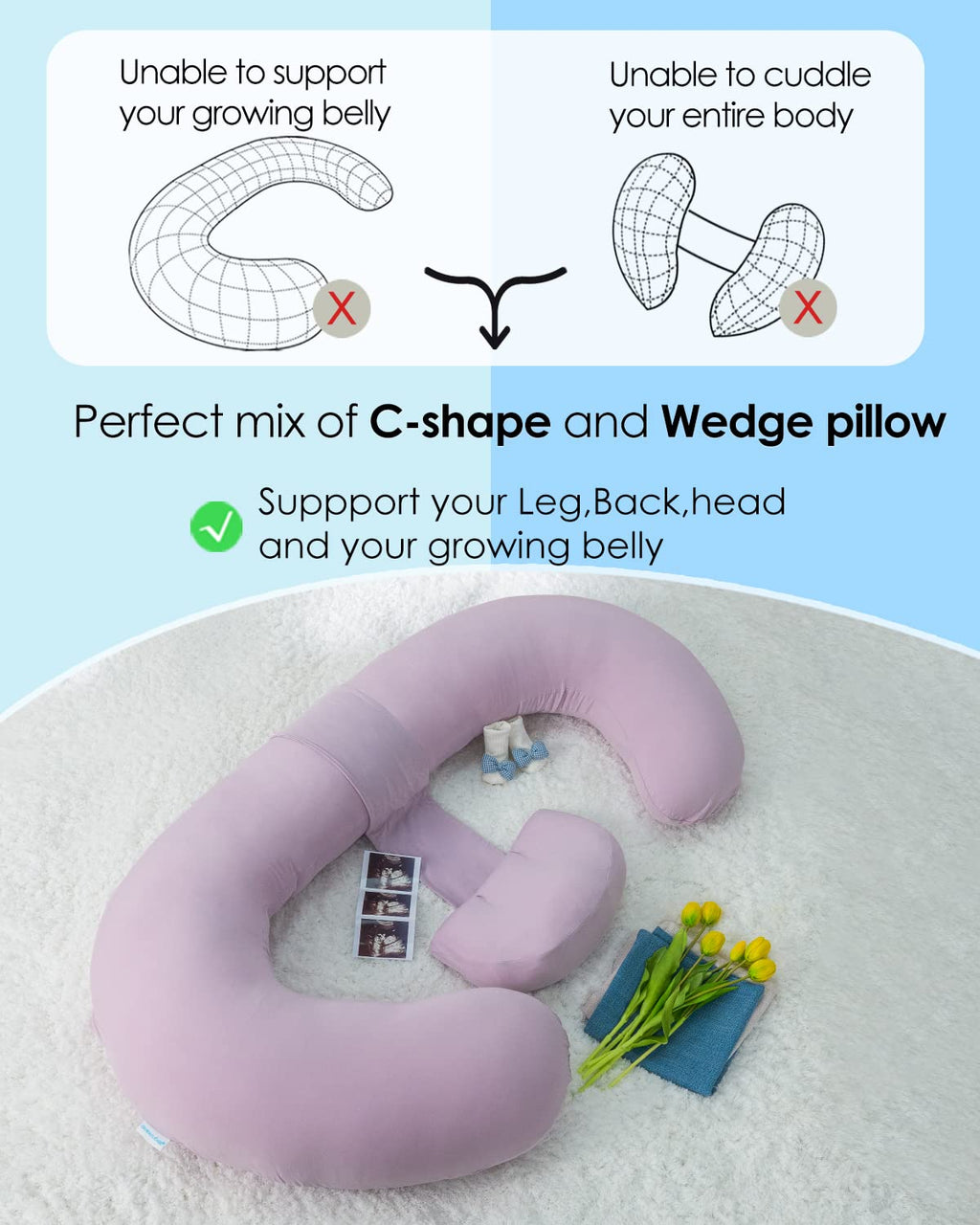 QUEEN ROSE Cooling Pregnancy Pillows, E Shaped Maternity Pillow for Sleeping, with Extra Wedge Pillow for Belly Support, 60 Inch Full Body Pillow, Pink