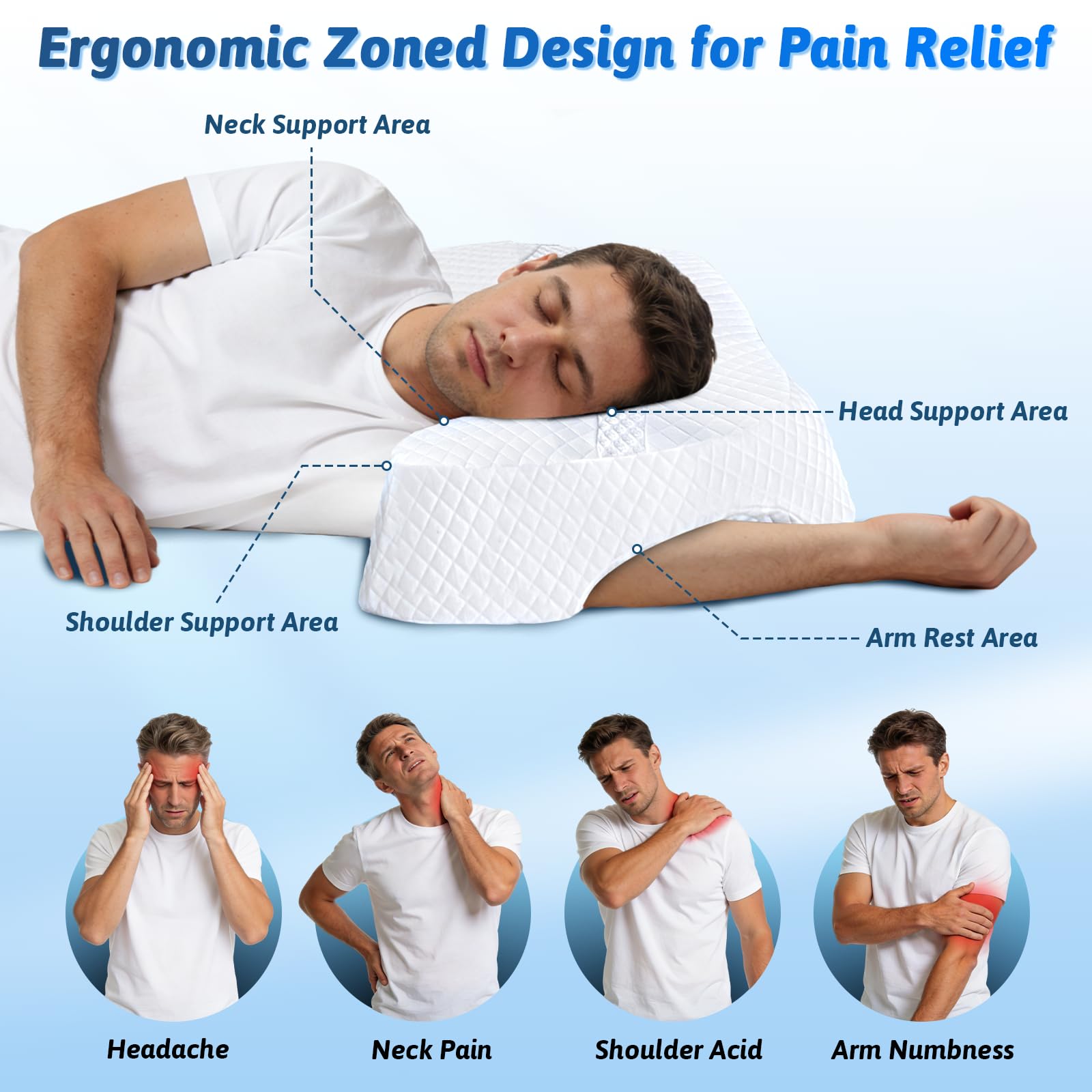 Side Sleeper Pillow with Arm Hole, Shoulder Relief System, Arm Pillow for Neck and Shoulder Pain, Premium Memory Foam, Suitable for Side, Back and Stomach Sleepers - Grey, 6in Height