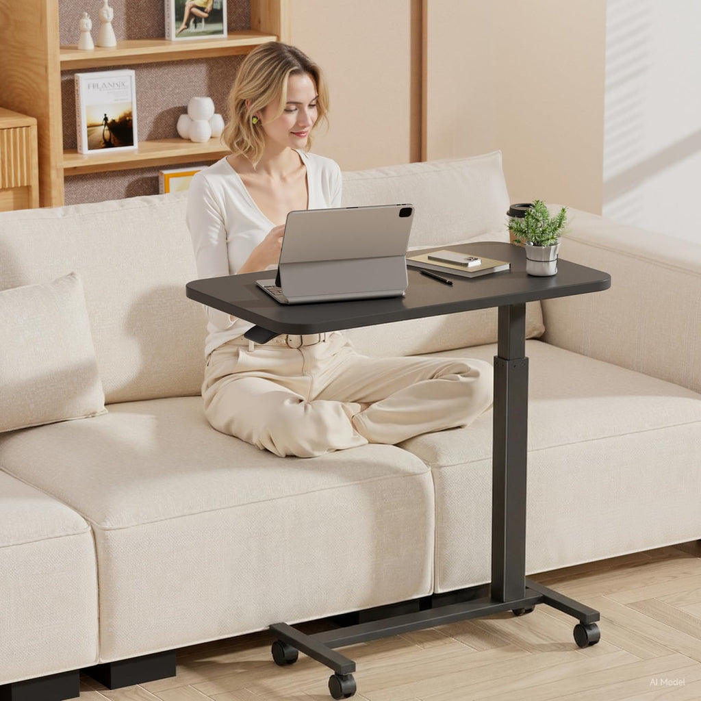 GTPLAYER Small Standing Desk with Wheels, Pneumatic Mobile Rolling Laptop Desk, Adjustable Height Overbed Bedside Table Computer Workstation for Home Office (28" W x 16" D, White)