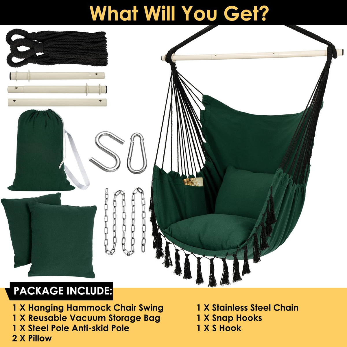 Y- STOP Hammock Chair Hanging Rope Swing Chair, Max 500 Lbs, 2 Seat Cushions Included, Removable Steel Spreader Bar with Anti-Slip Rings, Hardware kit-for Indoor Outdoor(Dark Grey)