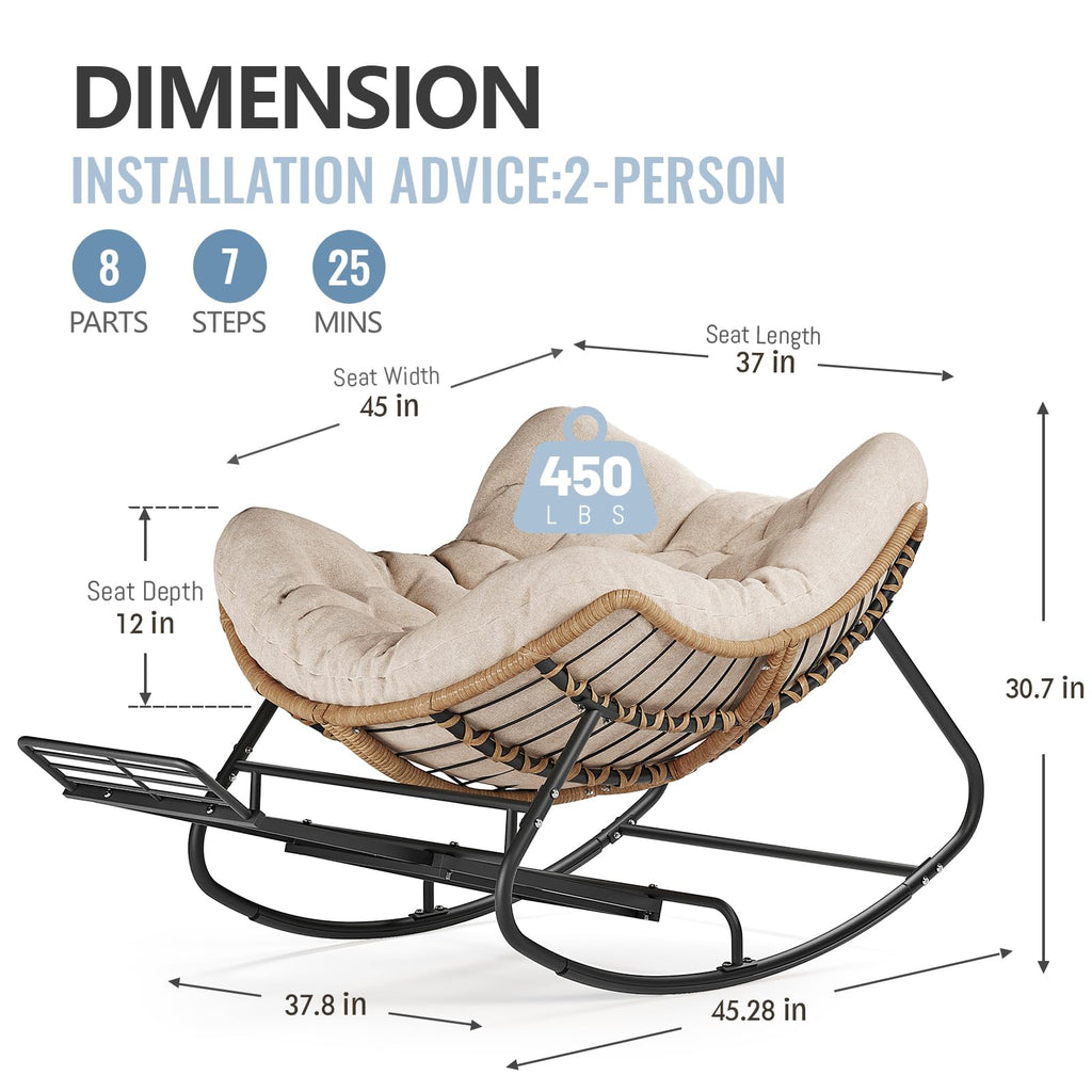 SWITTE Papasan Rocking Chair Outdoor, Oversized Patio Egg Chair with Thick Cushion, Indoor Wicker Lounge Rocker Bed for Balcony, Porch, Garden, Dark Gray