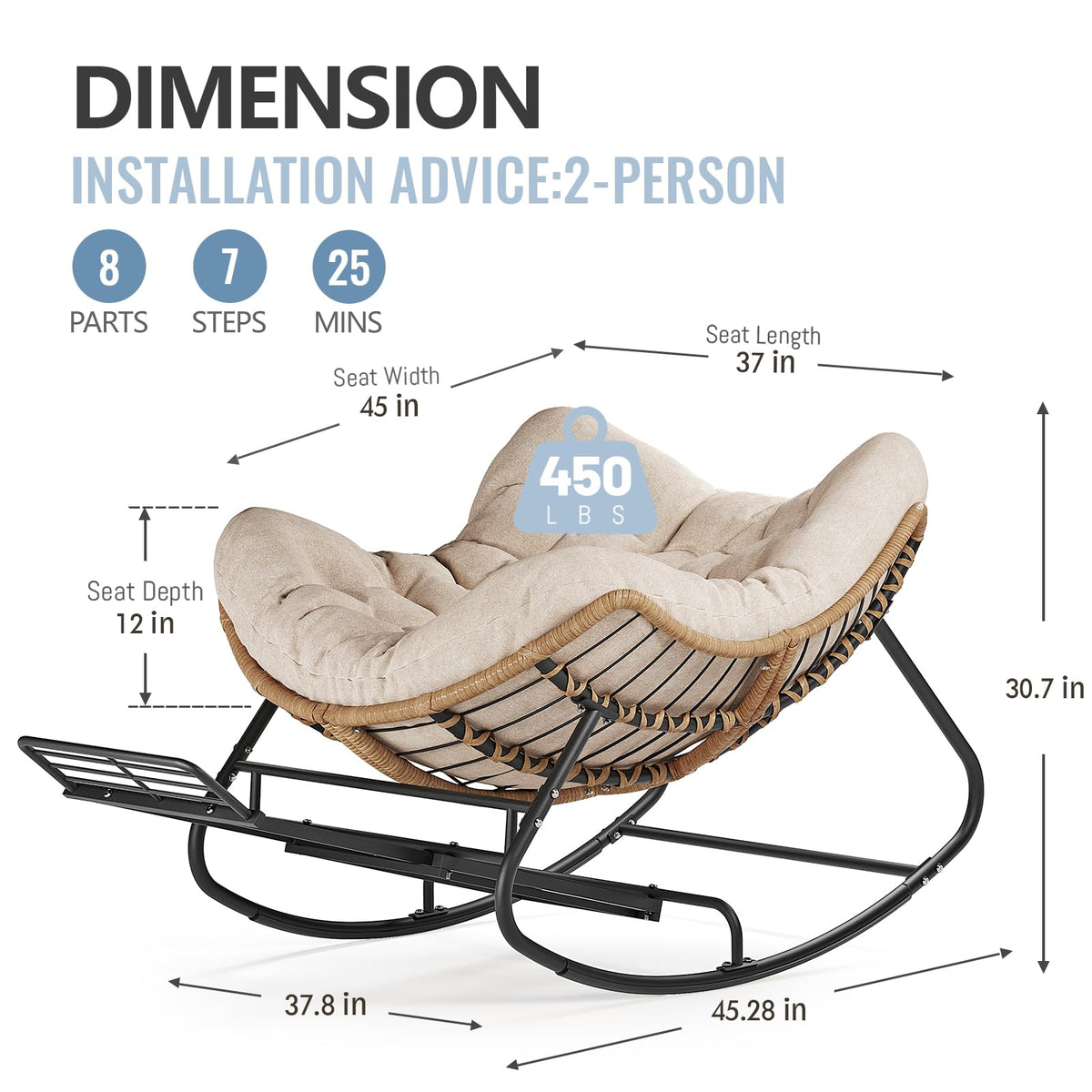SWITTE Papasan Rocking Chair Outdoor, Oversized Patio Egg Chair with Thick Cushion, Indoor Wicker Lounge Rocker Bed for Balcony, Porch, Garden, Dark Gray