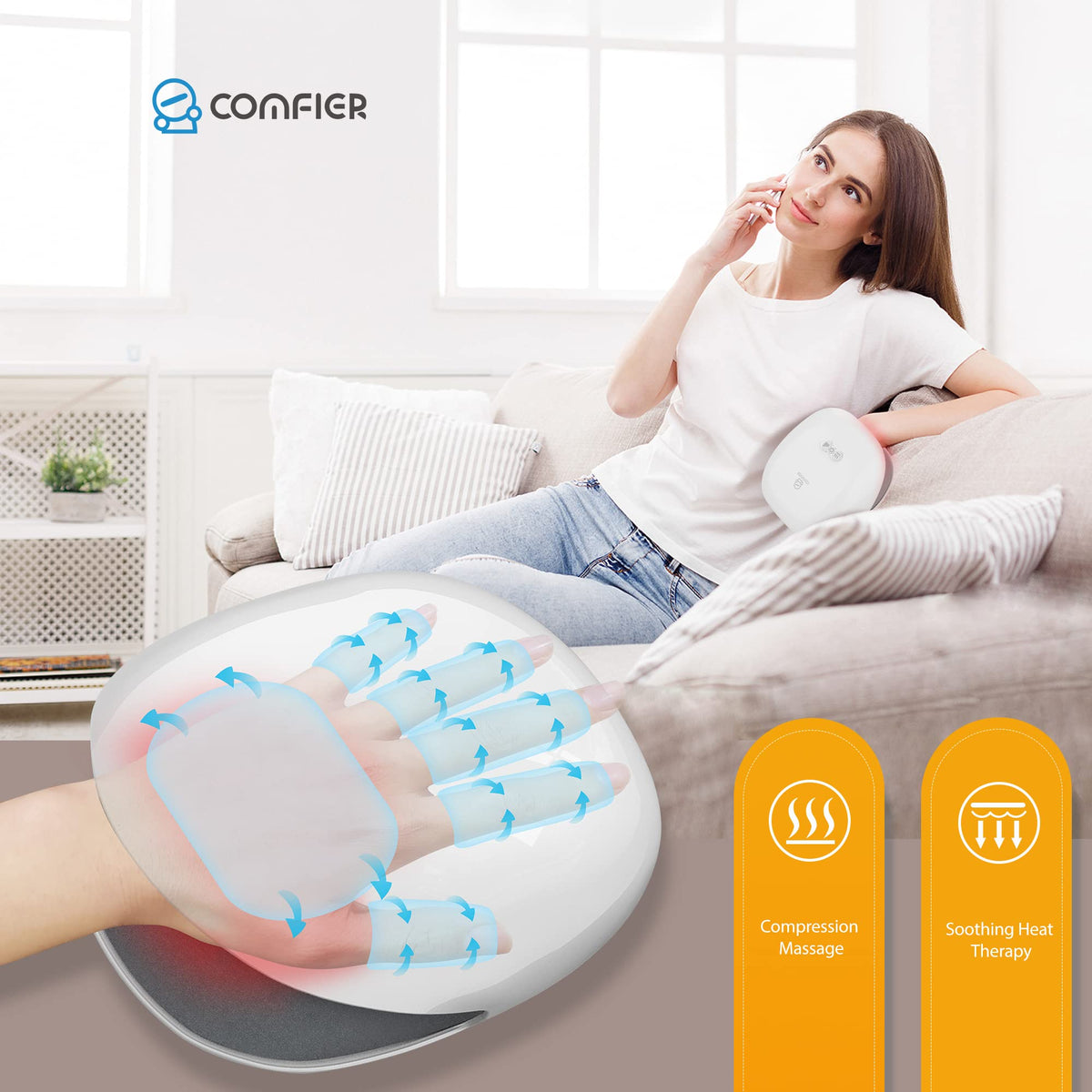 COMFIER Hand Massager with Heat and Compression for Arthritis Carpal Tunnel | Large Hand Chamber Fits Left or Right Hand, with 5 Compression Levels, 3 Modes, and 3 Heat Levels, Gift for Women Men