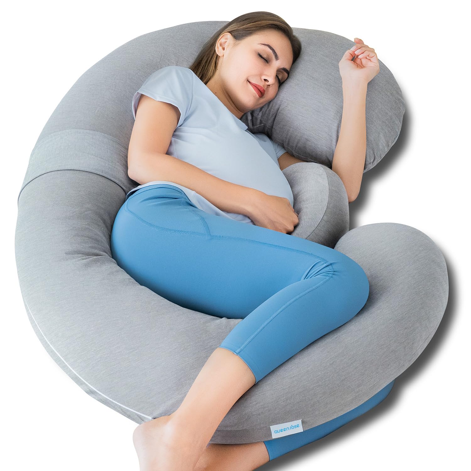 QUEEN ROSE Cooling Pregnancy Pillows, E Shaped Maternity Pillow for Sleeping, with Extra Wedge Pillow for Belly Support, 60 Inch Full Body Pillow, Pink