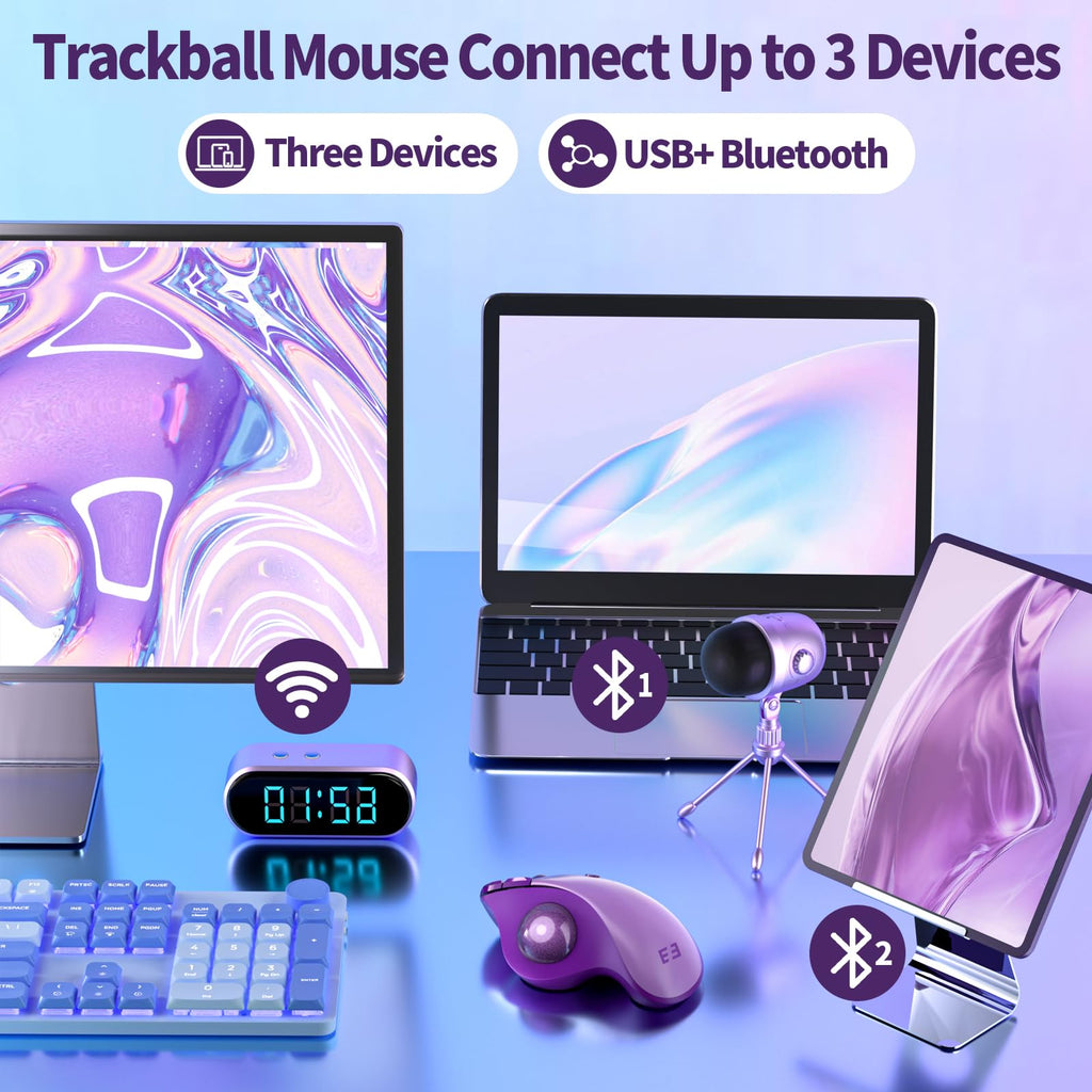 seenda Wireless Trackball Mouse, Ergonomic Bluetooth Rollerball Mouse Rechargeable, 3 Device Connection Optical Mice Adjustable DPI Thumb Control Mice Compatible for PC/Laptop/Windows/Mac - Pink