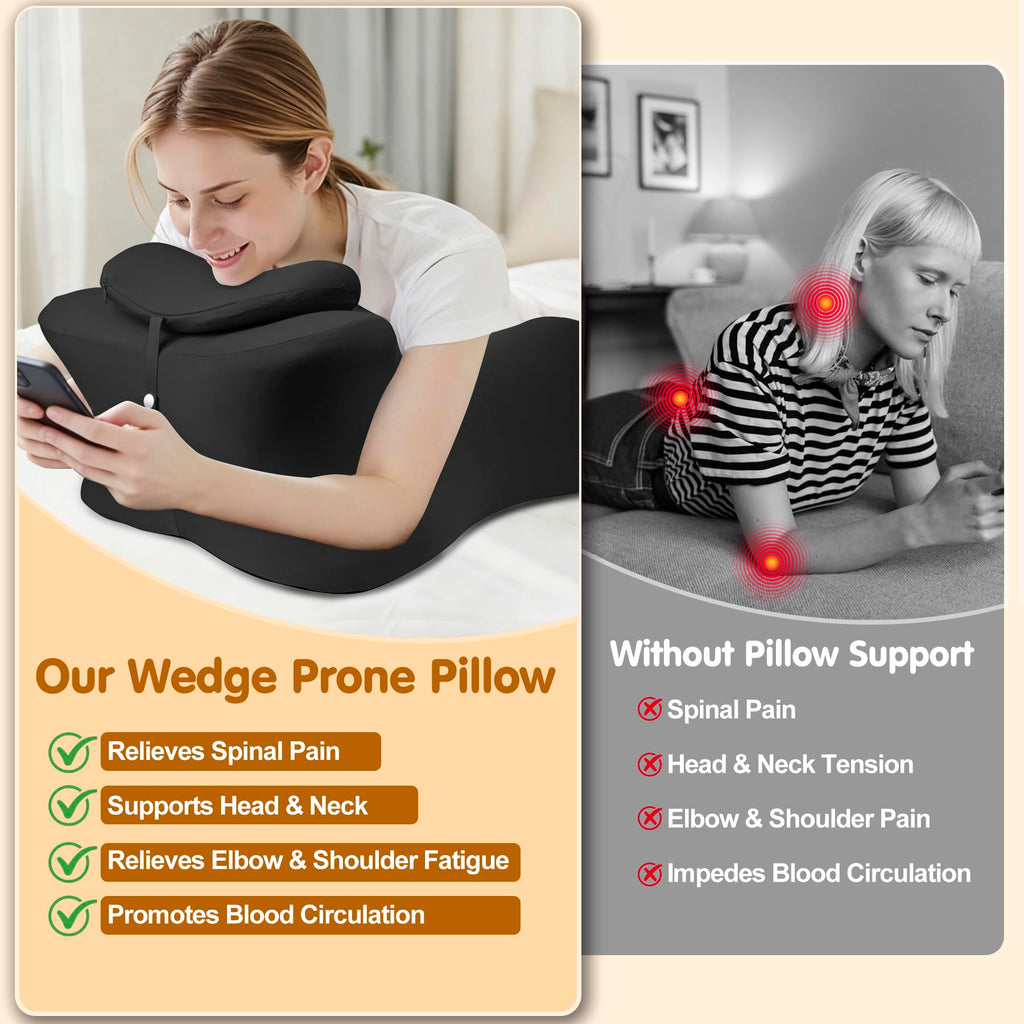 MYFAMIREA Memory Foam Ergonomic Wedge Pillow for Adults - Prone Pillow for Bed Sleeping, Reading, Memory Foam Ergonomic Cushion for Back Support, Sitting Up and Back Pain, with Removable Cover (Black)