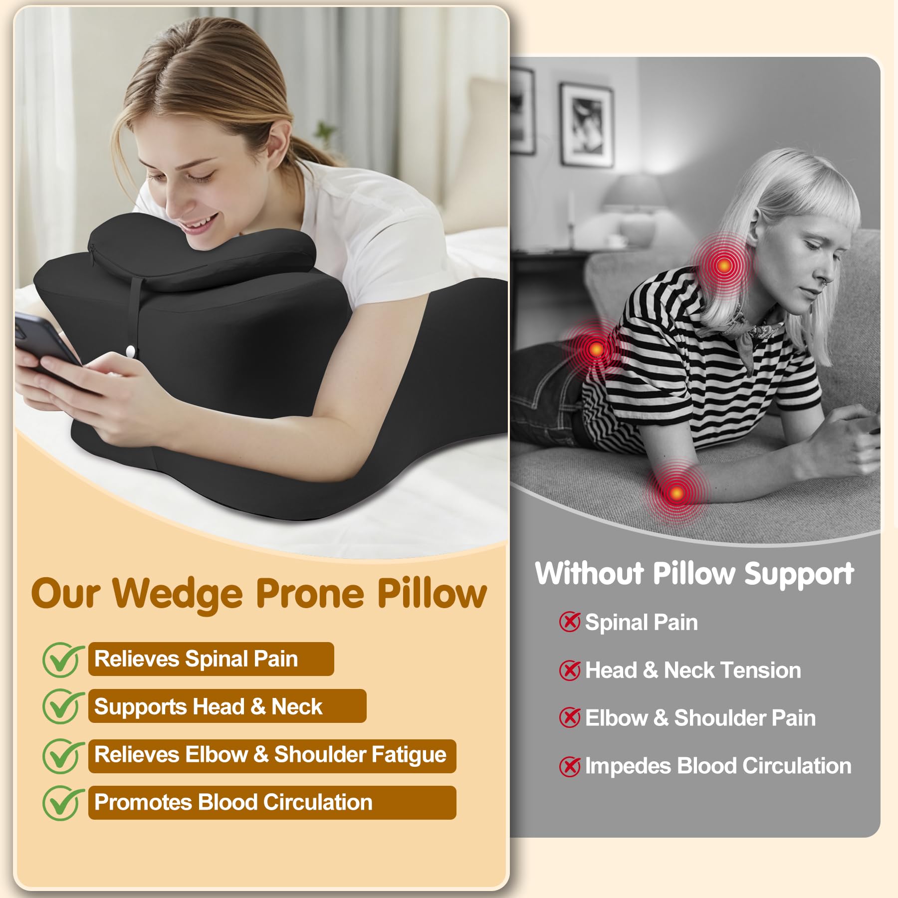 MYFAMIREA Memory Foam Ergonomic Wedge Pillow for Adults - Prone Pillow for Bed Sleeping, Reading, Memory Foam Ergonomic Cushion for Back Support, Sitting Up and Back Pain, with Removable Cover (Black)