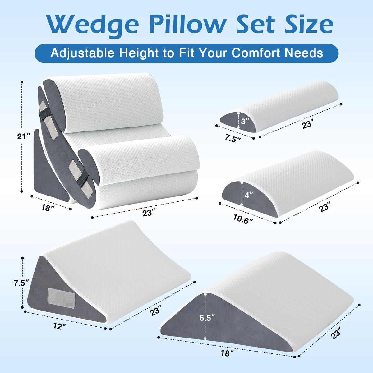 Ahpmeoa 6PCS Wedge Pillow Set for After Surgery, Orthopedic Bed Wedge Pillow for Headboard, Memory Foam Back Pillow for Bed Sitting Up, Sit Up Pillow for Acid Reflux Relief, GERD, Anti Snoring (White)