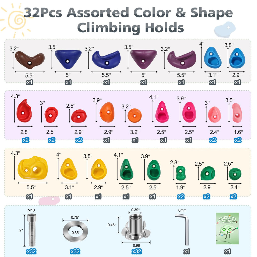TOPNEW 32 Rock Climbing Holds Multi Size for Kids, Adult Rock Wall Holds Climbing Rock Wall Grips for Indoor and Outdoor Playground Play Set - Includes 2 Inch Mounting Hardware