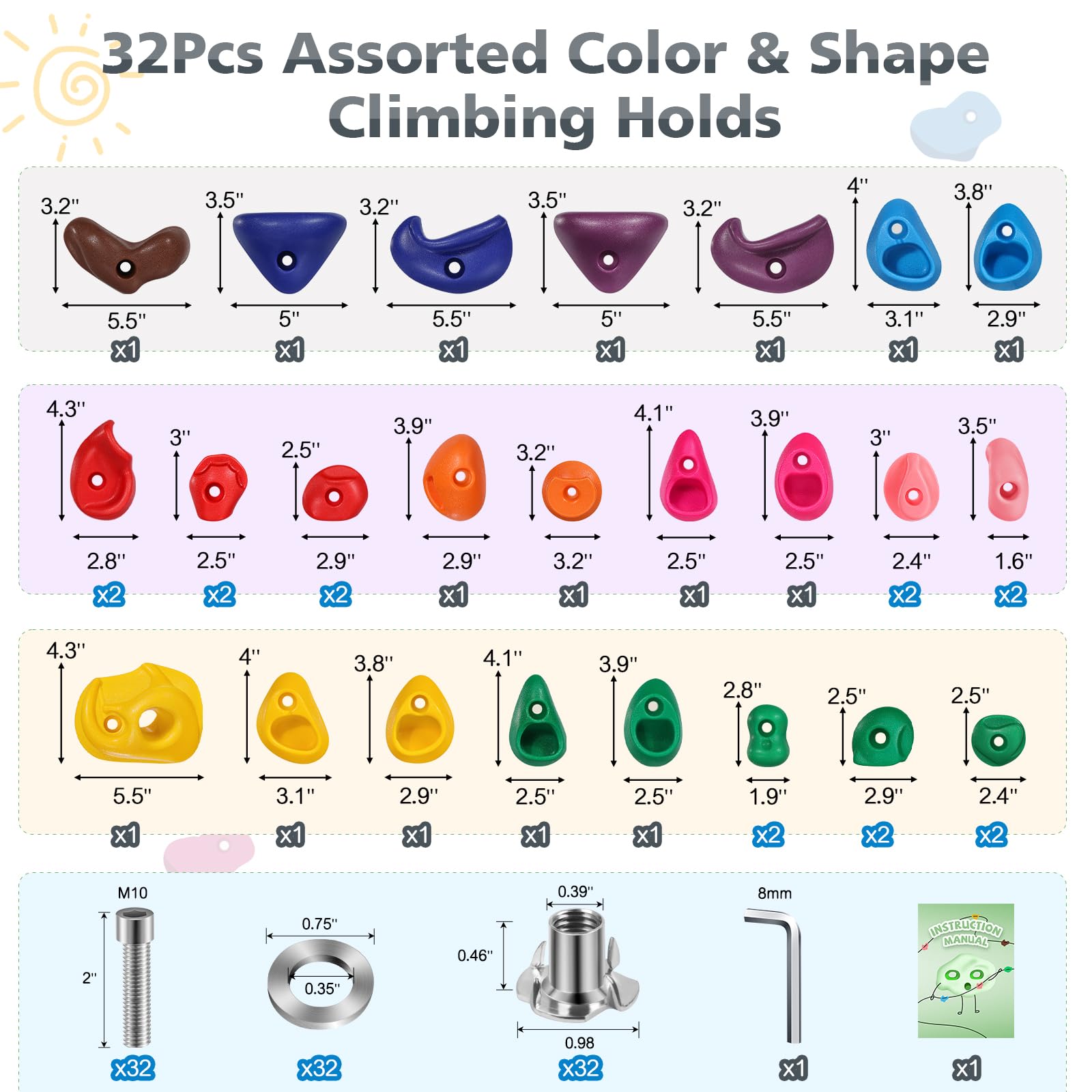 TOPNEW 32 Rock Climbing Holds Multi Size for Kids, Adult Rock Wall Holds Climbing Rock Wall Grips for Indoor and Outdoor Playground Play Set - Includes 2 Inch Mounting Hardware