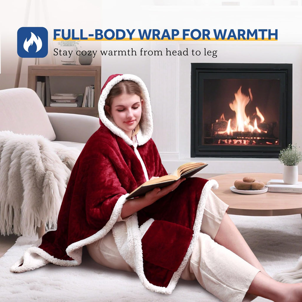 Sealy Heated Throw Wearable Shawl Wrap with Pockets, Reversible Flannel to Sherpa Electric Blanket Hoodie Poncho with 6 Heating Levels & 2-10 Hours Time Settings, 50 X 60 Inch, Pink
