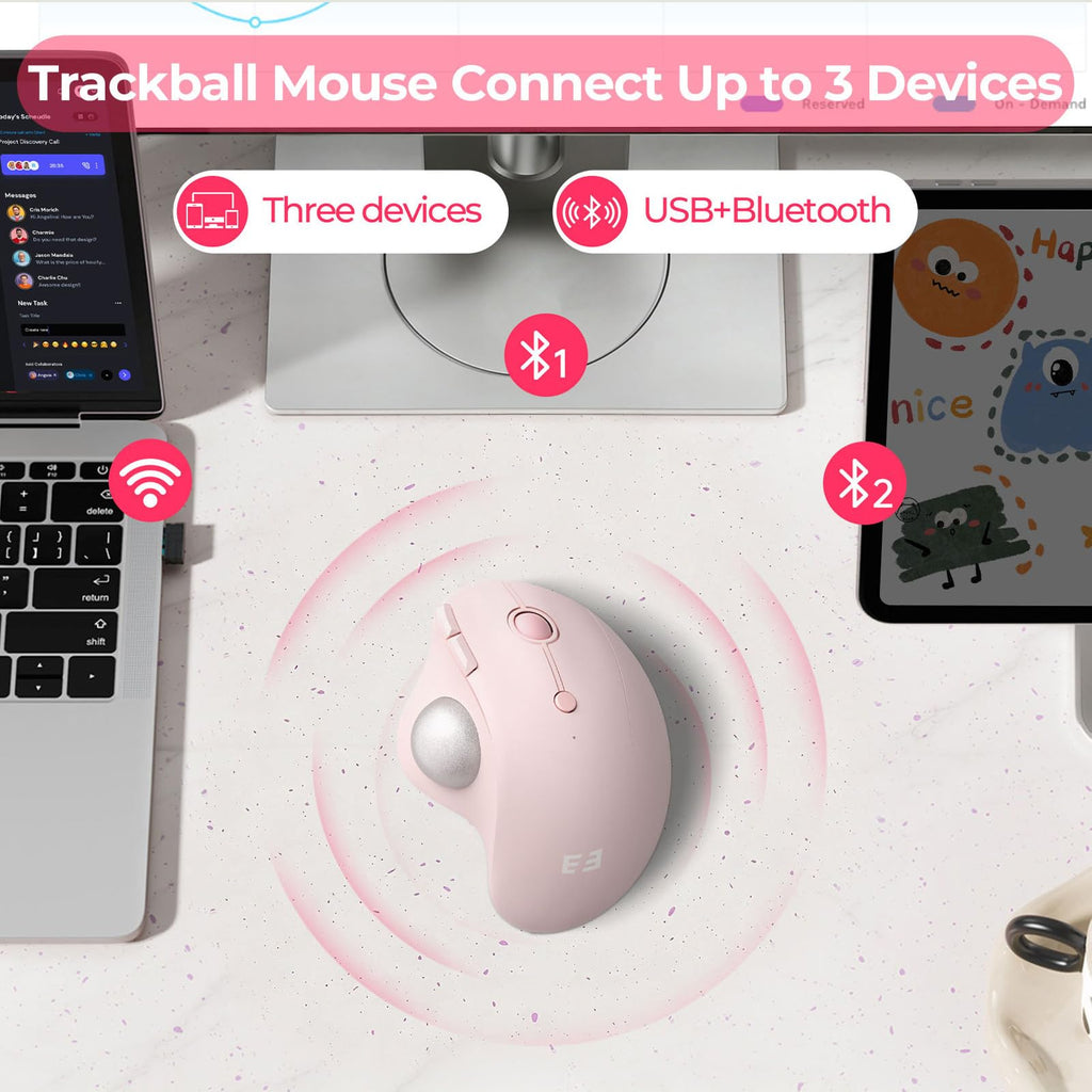seenda Wireless Trackball Mouse, Ergonomic Bluetooth Rollerball Mouse Rechargeable, 3 Device Connection Optical Mice Adjustable DPI Thumb Control Mice Compatible for PC/Laptop/Windows/Mac - Pink