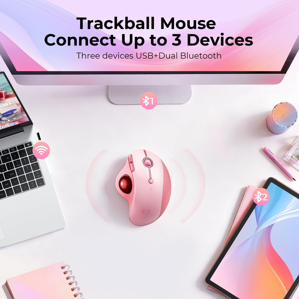 seenda Wireless Trackball Mouse, Ergonomic Bluetooth Rollerball Mouse Rechargeable, 3 Device Connection Optical Mice Adjustable DPI Thumb Control Mice Compatible for PC/Laptop/Windows/Mac - Pink