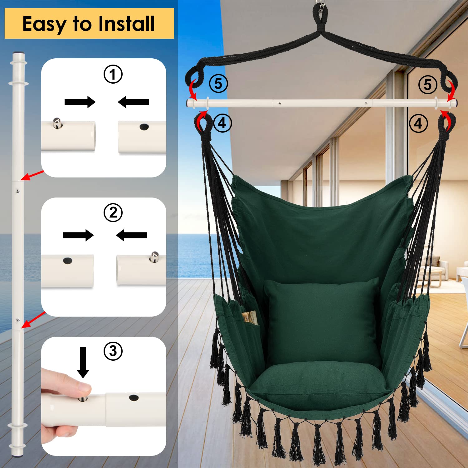 Y- STOP Hammock Chair Hanging Rope Swing Chair, Max 500 Lbs, 2 Seat Cushions Included, Removable Steel Spreader Bar with Anti-Slip Rings, Hardware kit-for Indoor Outdoor(Dark Grey)
