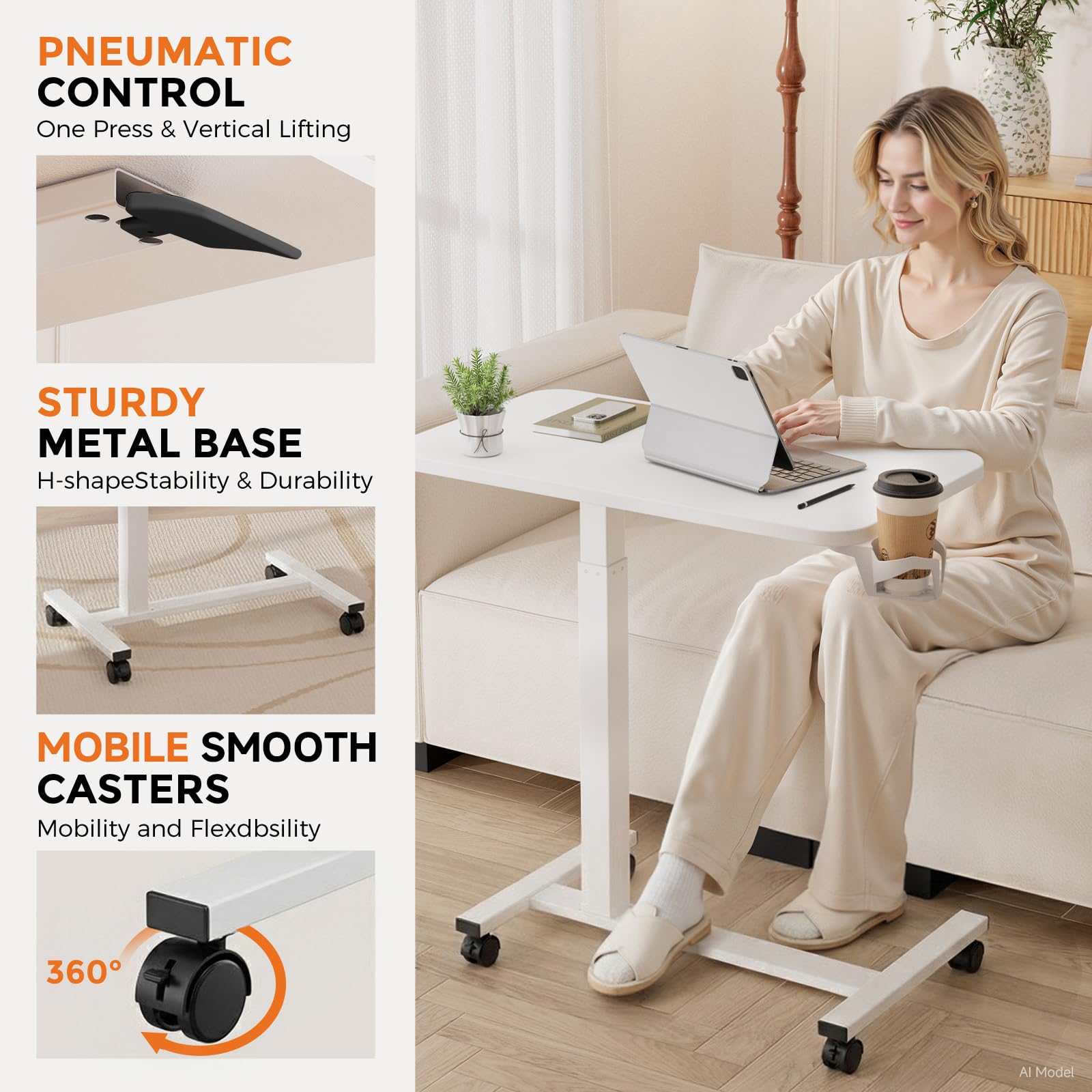 GTPLAYER Small Standing Desk with Wheels, Pneumatic Mobile Rolling Laptop Desk, Adjustable Height Overbed Bedside Table Computer Workstation for Home Office (28" W x 16" D, White)