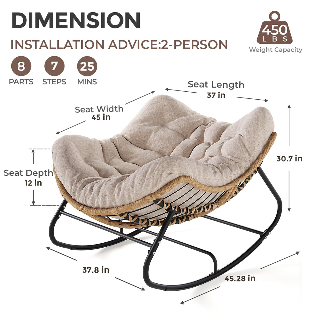 SWITTE Papasan Rocking Chair Outdoor, Oversized Patio Egg Chair with Thick Cushion, Indoor Wicker Lounge Rocker Bed for Balcony, Porch, Garden, Dark Gray