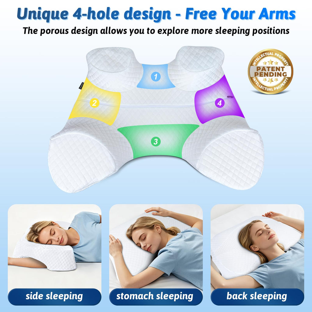 Side Sleeper Pillow with Arm Hole, Shoulder Relief System, Arm Pillow for Neck and Shoulder Pain, Premium Memory Foam, Suitable for Side, Back and Stomach Sleepers - Grey, 6in Height