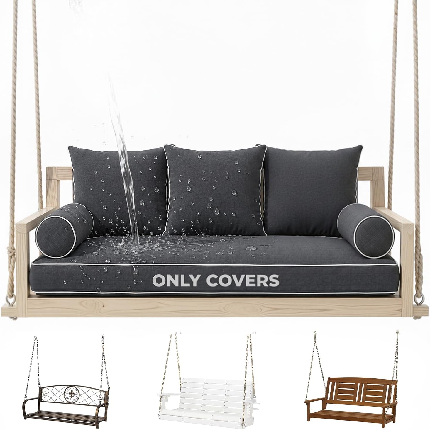 Twin Size Outdoor Daybed Swing Cushion Cover,Patio Porch Twin Mattress Bolster Pillow Fitted Sheet Cover Waterproof for Outdoor Hanging Porch Swing Bed (6, Dark Gray-White Piping)