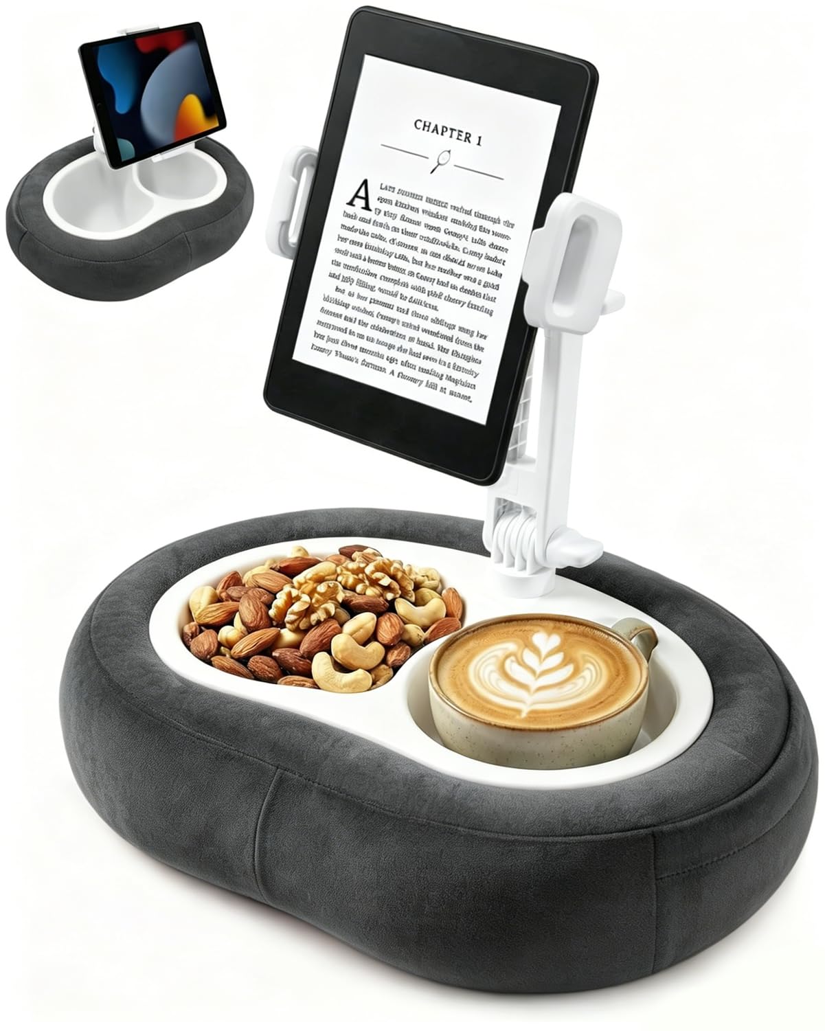 Miledi Tablet Pillow Stand for Bed with 360° Rotating Holder, Pink | Compatible with Kindle, iPad, Phone and Tablet 5" to 12.9", Soft Plush Fabric, with 2 Snack Bowls, for Reading and Relaxing