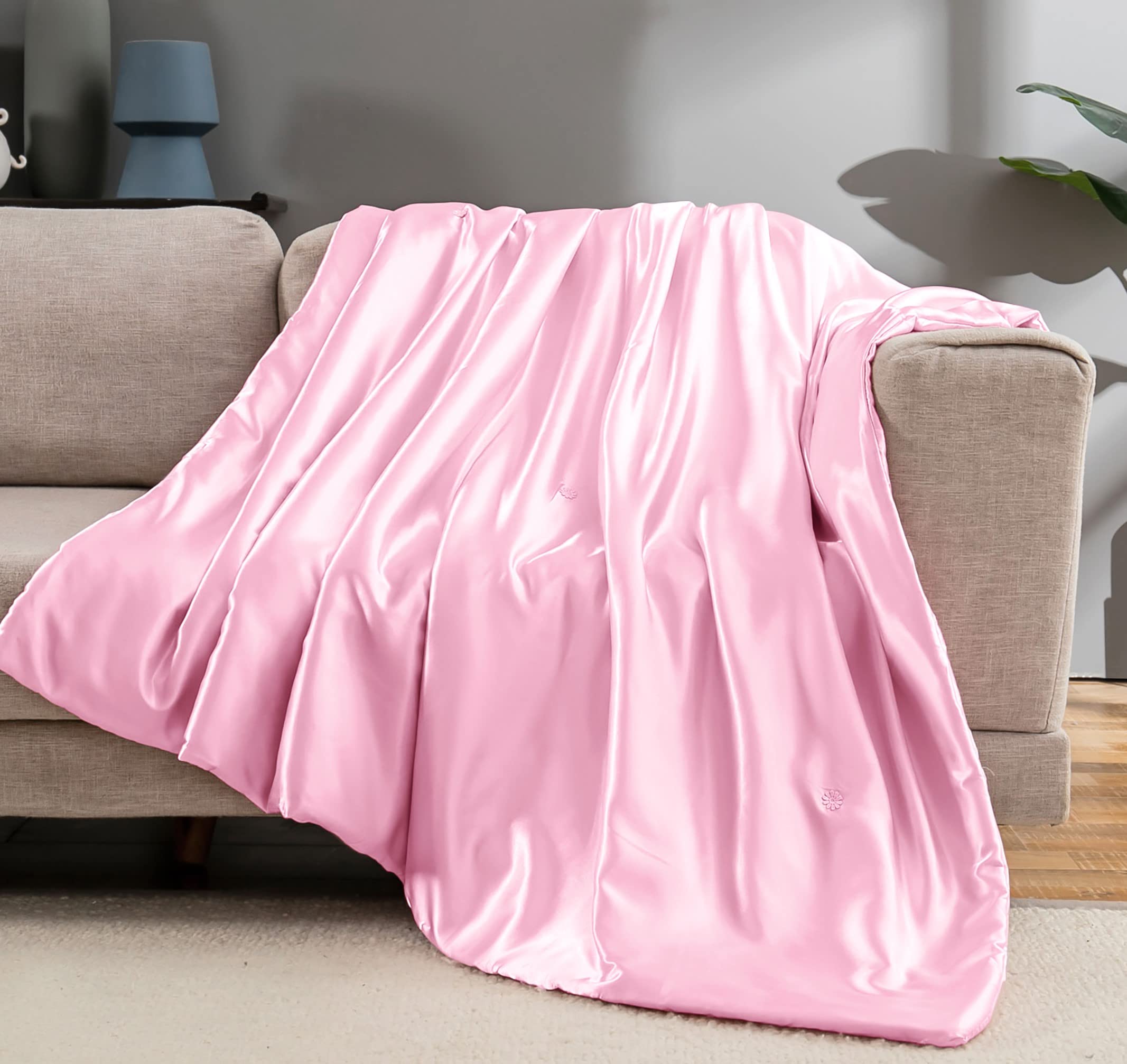 Vonty Dark Grey Satin Throw Blanket 50x60In, Cooling Silky Wrinkle-Free | Gentle On Hair, Machine Washable Easy Care, All-Season Warmth And Cooling, Multipurpose Bed Sofa Travel, Textured Cable Knit