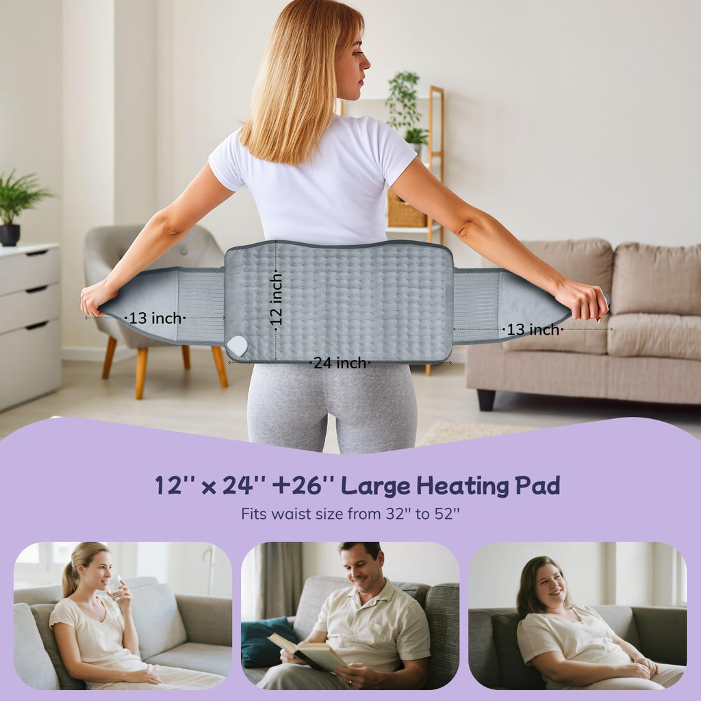 Heating Pad for Period Cramps, Upgraded Wrap Heating Pad for Back Pain Relief, Large 12''x 24''Heat Pad +26" Belt Adjustable 4 Timer 6 Heat Level Auto Shut Off, Christmas Birthday Gifts for Women Mom