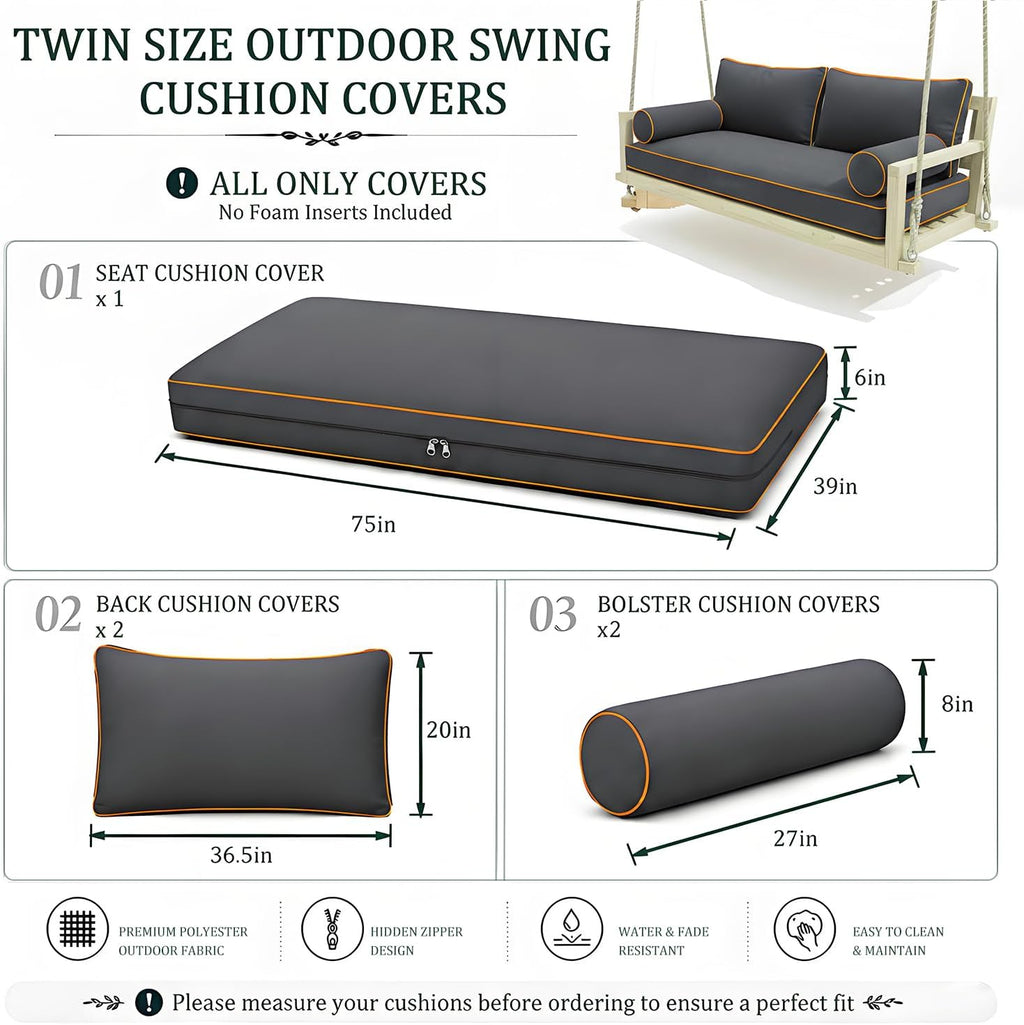 Twin Size Outdoor Daybed Swing Cushion Cover,Patio Porch Twin Mattress Bolster Pillow Fitted Sheet Cover Waterproof for Outdoor Hanging Porch Swing Bed (6, Dark Gray-White Piping)