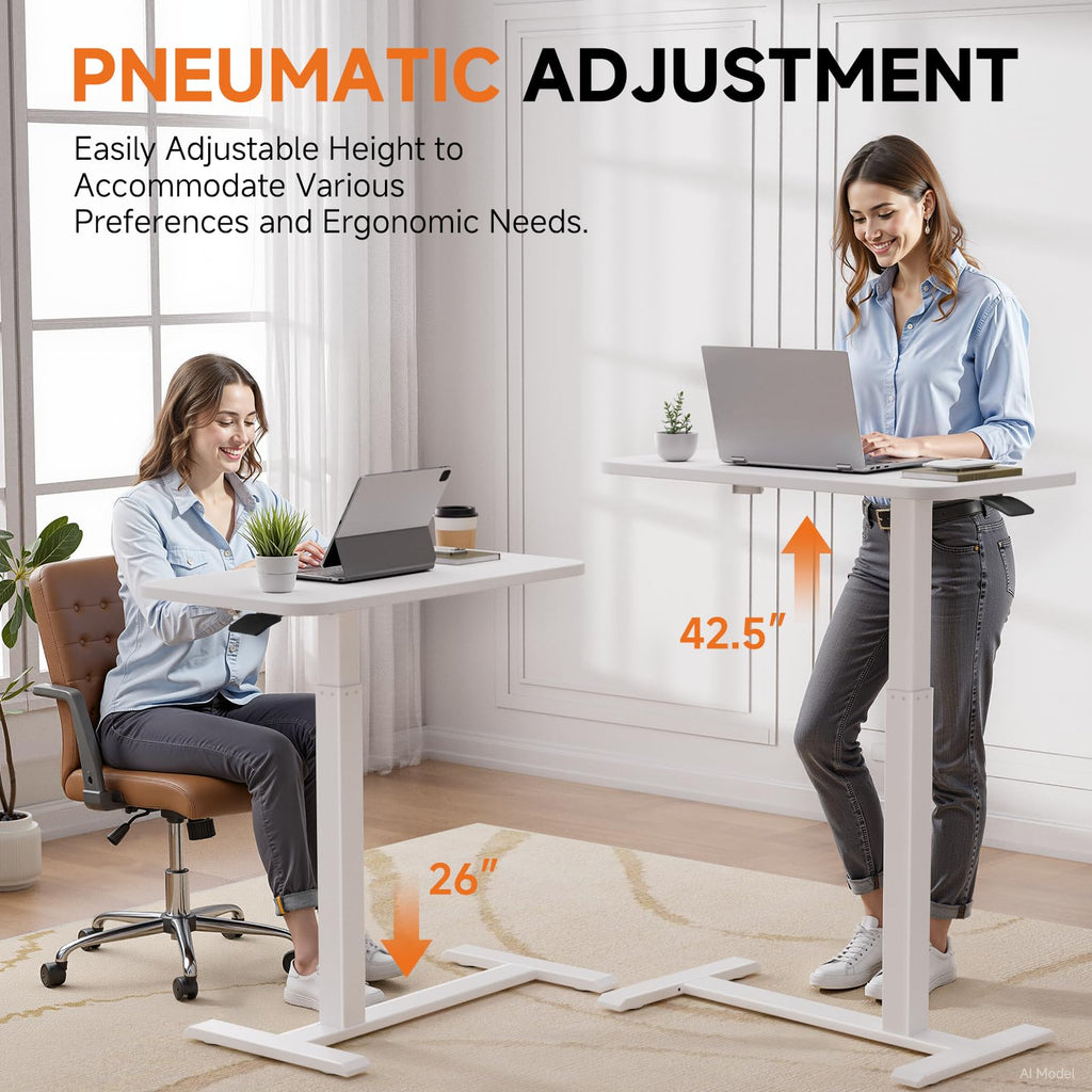GTPLAYER Small Standing Desk with Wheels, Pneumatic Mobile Rolling Laptop Desk, Adjustable Height Overbed Bedside Table Computer Workstation for Home Office (28" W x 16" D, White)