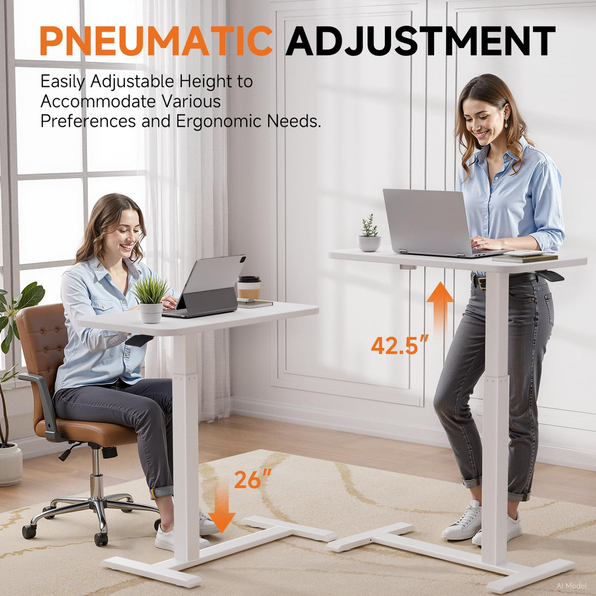 GTPLAYER Small Standing Desk with Wheels, Pneumatic Mobile Rolling Laptop Desk, Adjustable Height Overbed Bedside Table Computer Workstation for Home Office (28" W x 16" D, White)