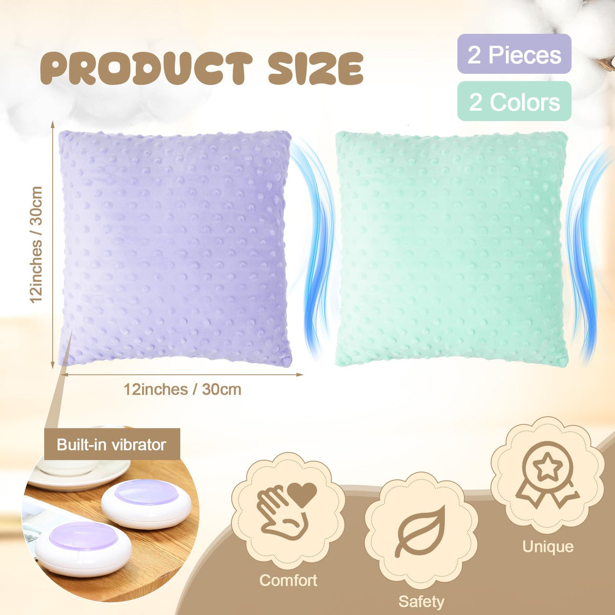 Kigley 2 Pack Vibrating Pillow Sensory Pillow for Kids Adults Pressure Activated 12 x 12 Massage with Textured Stimulation Bumps for Relieve Pain Stress Autistic Gifts for Home Travel(Violet, Teal)