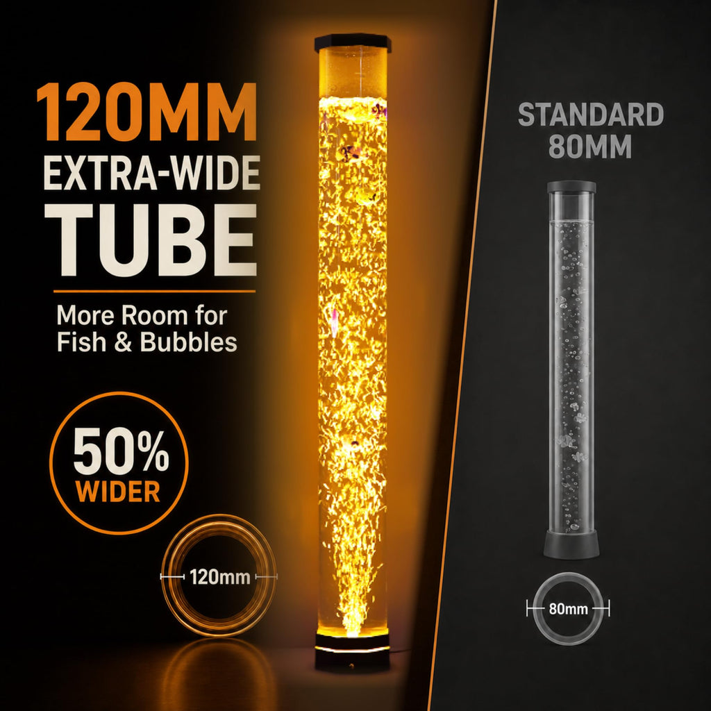 4FT Sensory Bubble Lamp, 9 Floating Fish, 16 Color LED | Remote control, 120mm extra-wide tube, 3-speed bubbles; for bedroom, living room, office and sensory room