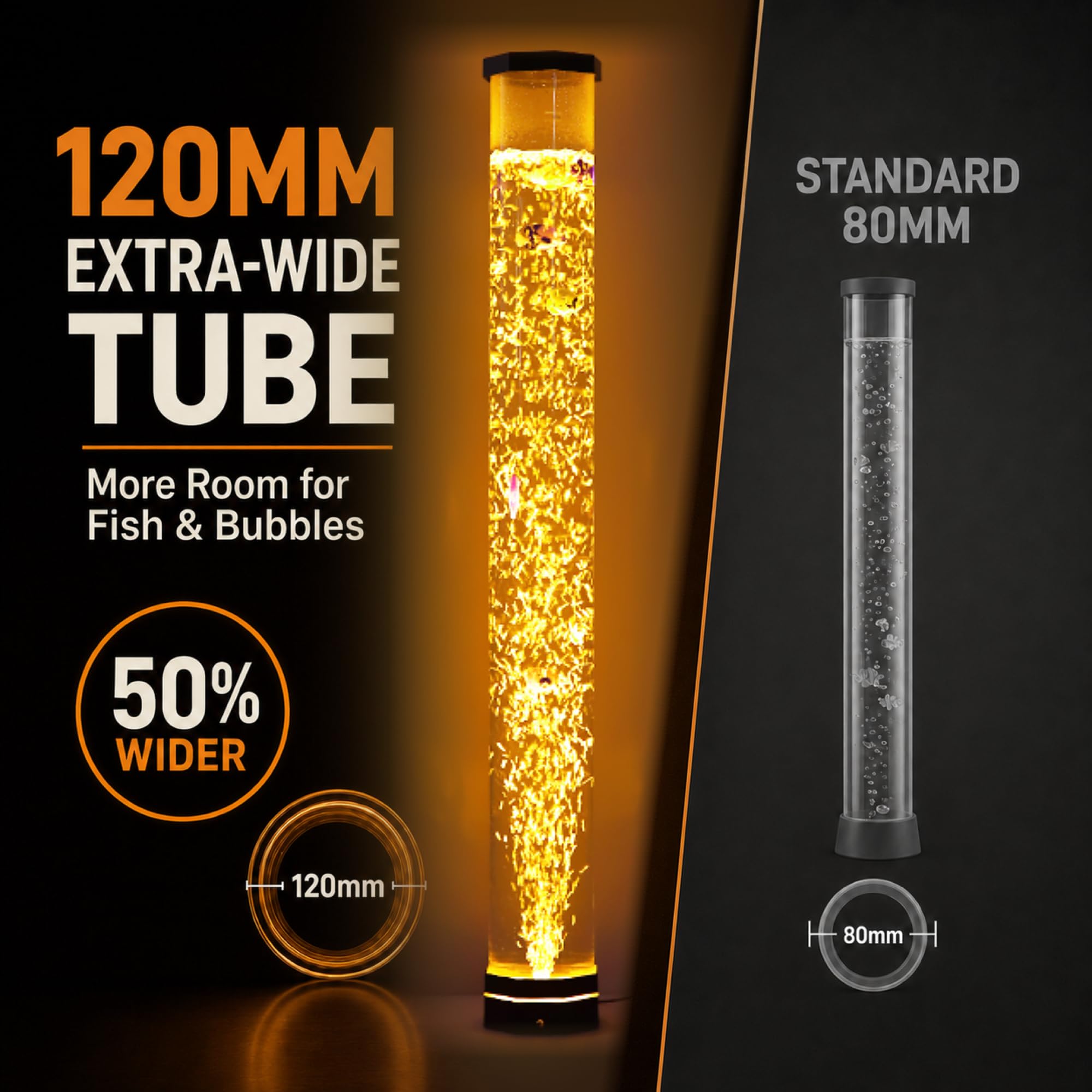 4FT Sensory Bubble Lamp, 9 Floating Fish, 16 Color LED | Remote control, 120mm extra-wide tube, 3-speed bubbles; for bedroom, living room, office and sensory room