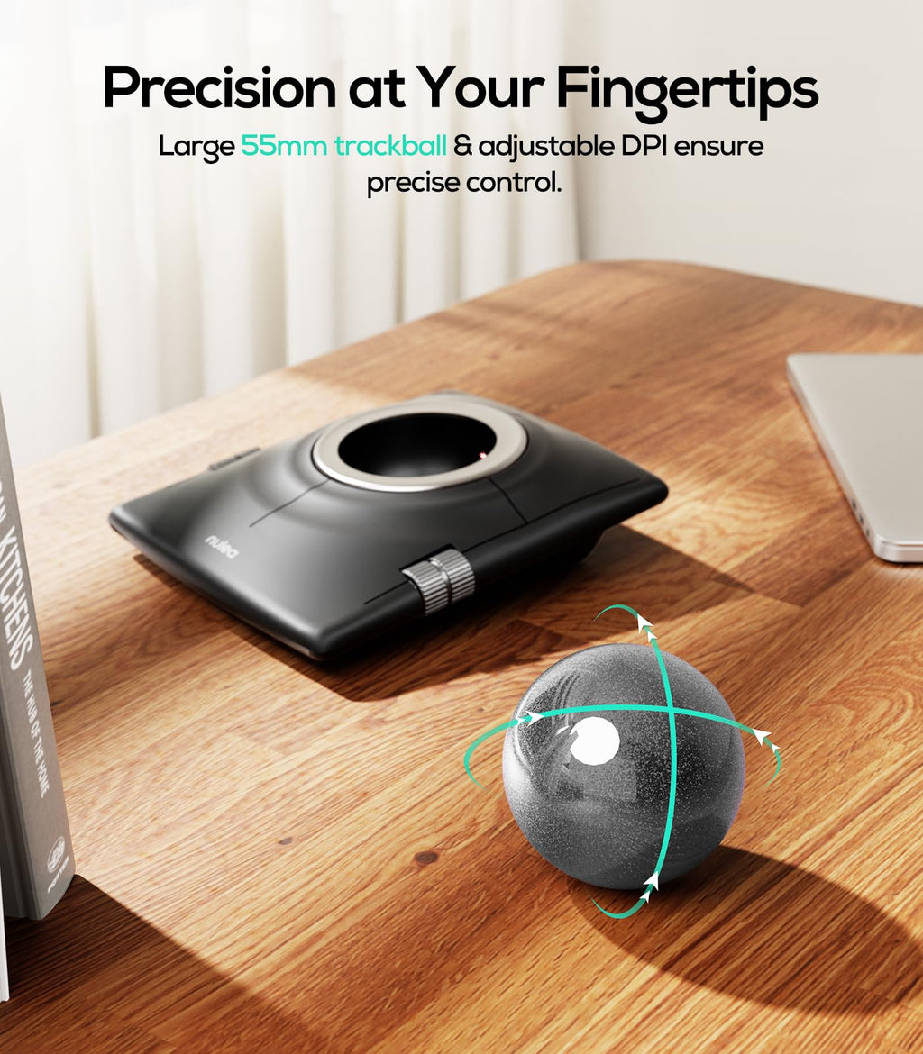 Nulea Wireless Trackball Mouse, Ergonomic 55mm Trackball, 4 Level Adjustable DPI for Precise Control, Left or Right Hand Compatible, Rechargeable, Multi-Device Bluetooth & 2.4GHz for PC, Laptop