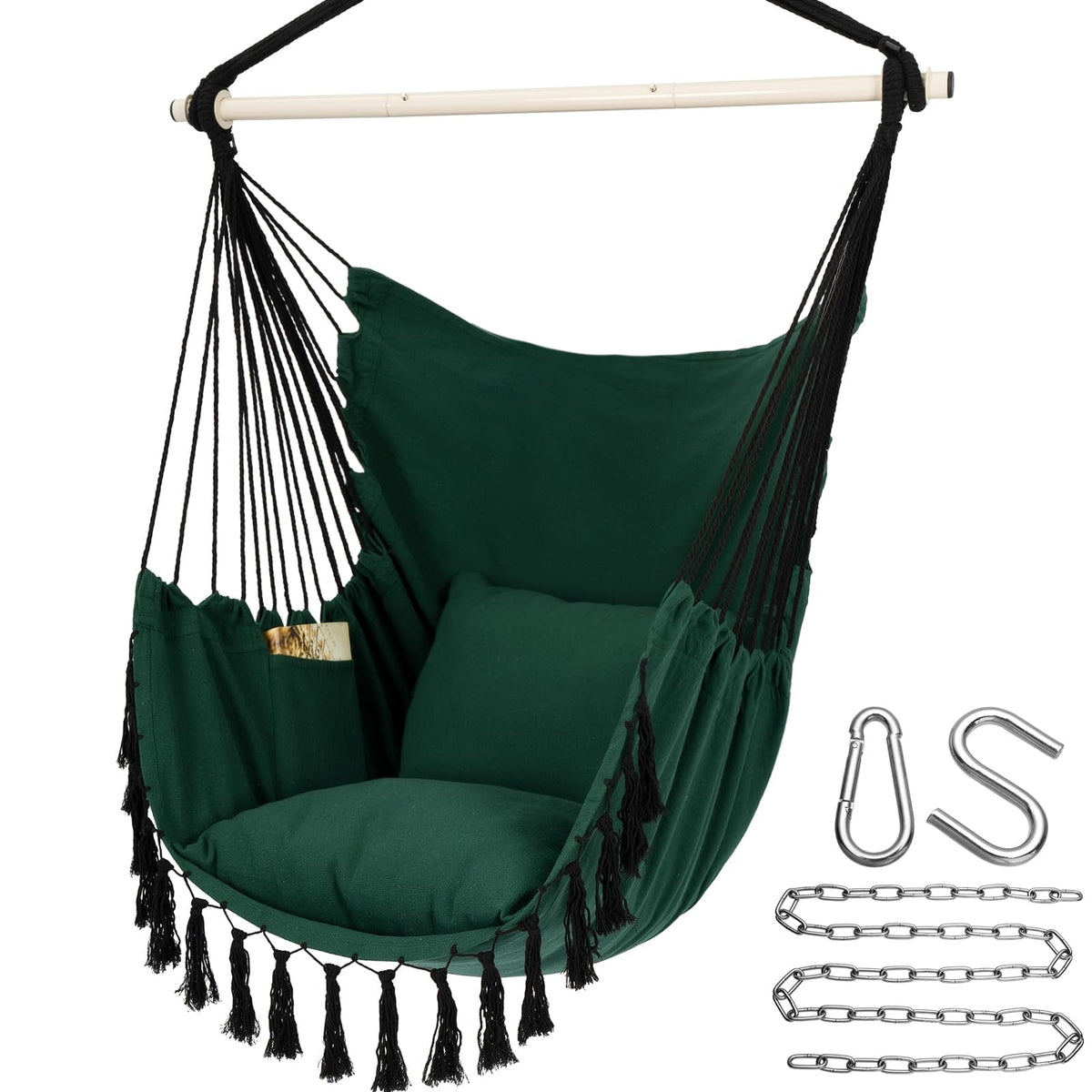 Y- STOP Hammock Chair Hanging Rope Swing Chair, Max 500 Lbs, 2 Seat Cushions Included, Removable Steel Spreader Bar with Anti-Slip Rings, Hardware kit-for Indoor Outdoor(Dark Grey)