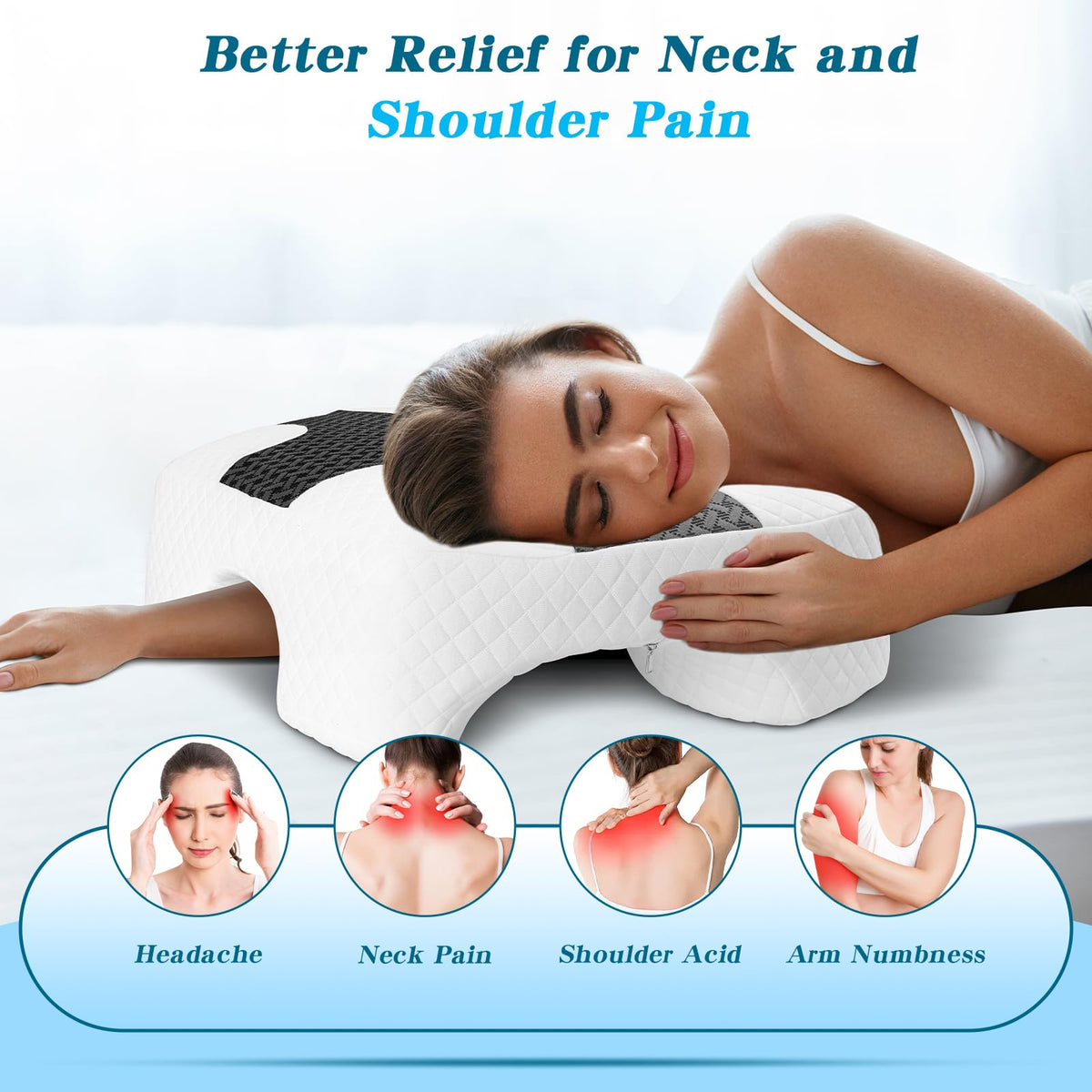 Side Sleeper Pillow with Arm Hole, Shoulder Relief System, Arm Pillow for Neck and Shoulder Pain, Premium Memory Foam, Suitable for Side, Back and Stomach Sleepers - Grey, 6in Height