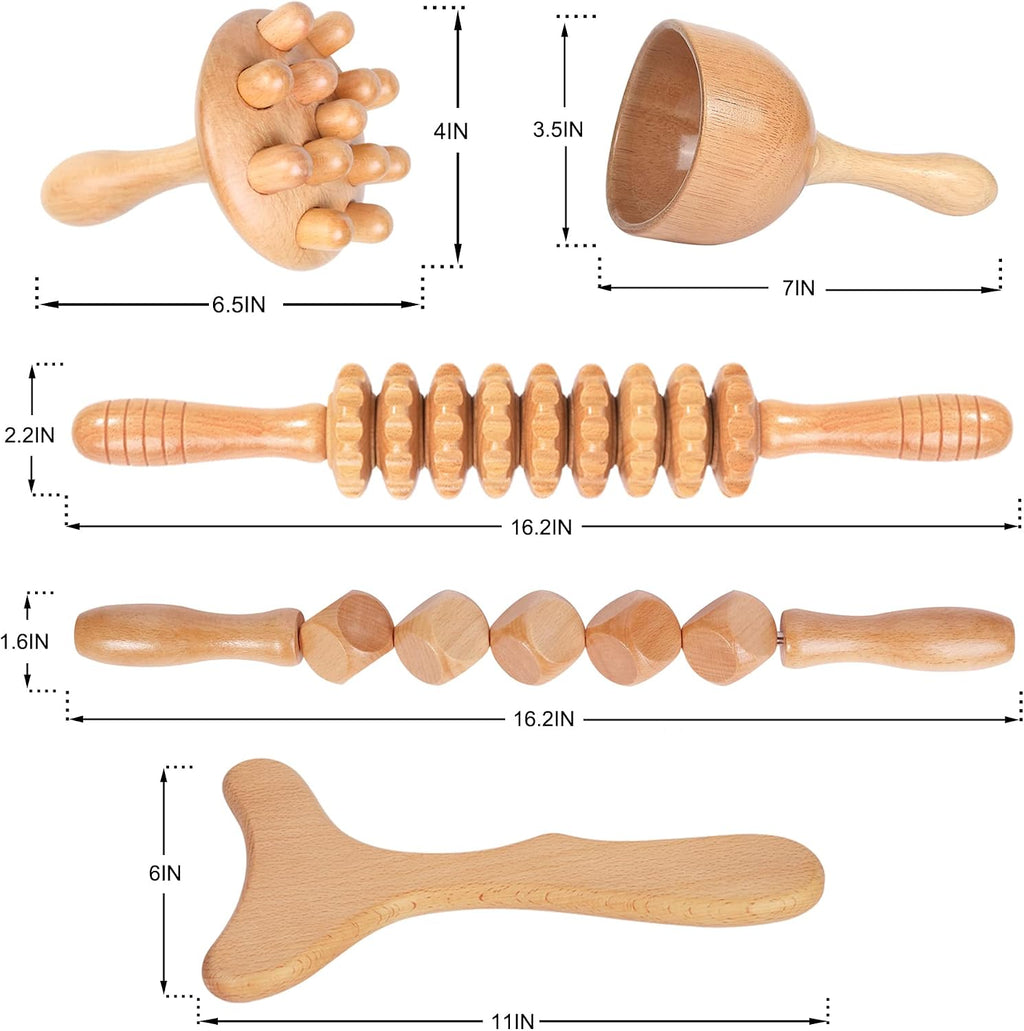 Komogir Wood Therapy Massage Tools 5-in-1 Lymphatic Drainage Massager Maderoterapia Kit Wooden Massager Body Sculpting Tools for Muscle Pain Relief, Anti-Cellulite, Body Contouring and Shaping
