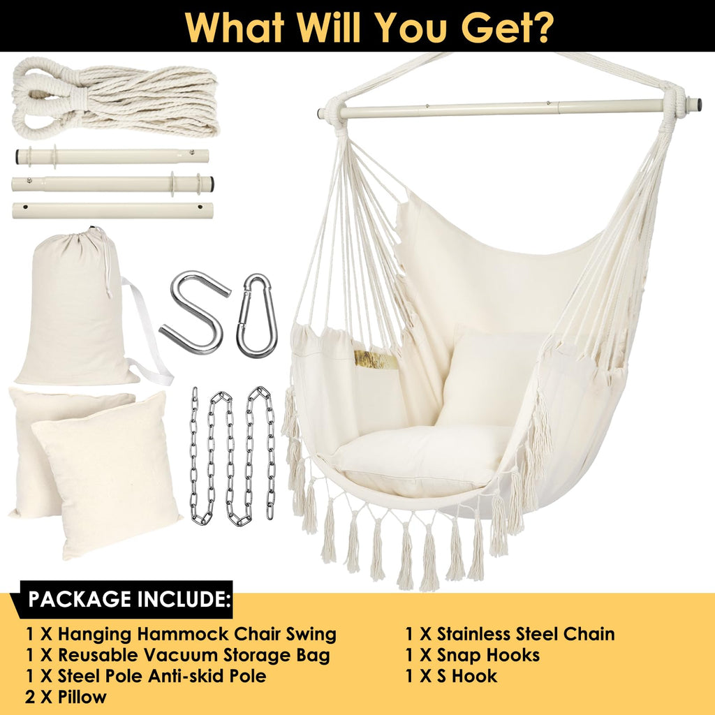 Y- STOP Hammock Chair Hanging Rope Swing Chair, Max 500 Lbs, 2 Seat Cushions Included, Removable Steel Spreader Bar with Anti-Slip Rings, Hardware kit-for Indoor Outdoor(Dark Grey)